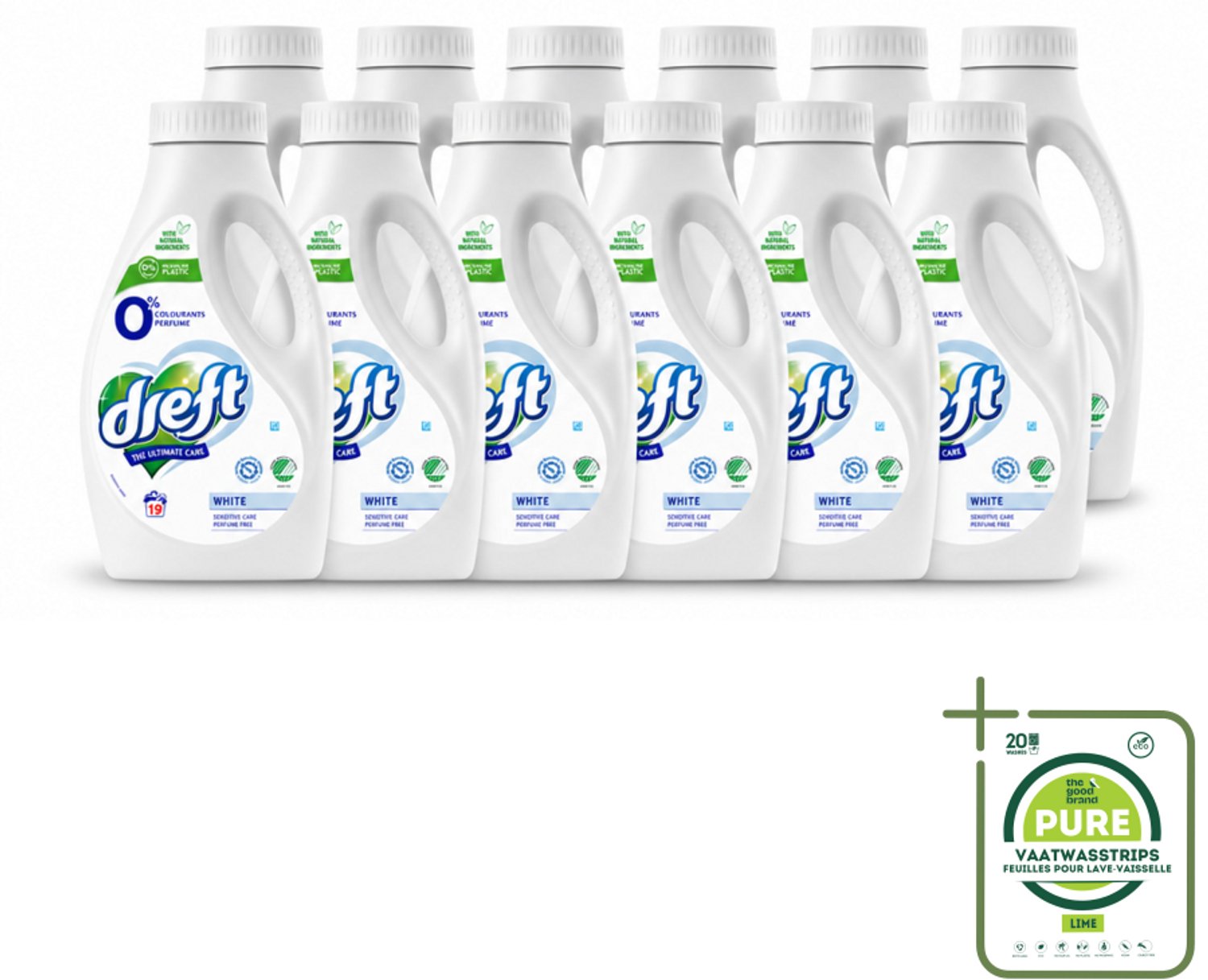 12 x Dreft - Vloeibaar Wasmiddel - 0% Witte Was - Geurvrij & zacht - 19 Wasbeurten - Grootverpakking - Vaatwasstrips - Wasmiddel Voor Gevoelige Huid - 0% Parfum Was - Milde Was - Natuurlijke Was - Was Voor Witte Kleding