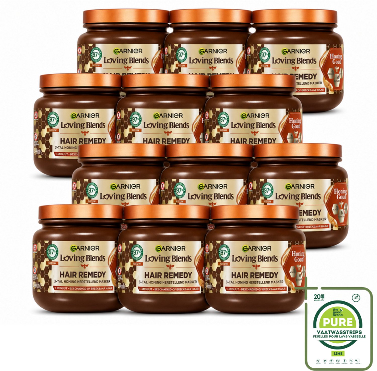 12 x Garnier - Loving Blends Honing Goud - Hair Remedy Haarmasker - Beschadigd & Breekbaar Haar - 340 ml - Grootverpakking - Vaatwasstrips - Haarmasker - Haarherstel - Haarscheuren - Haarbreuk - Gespleten Punten