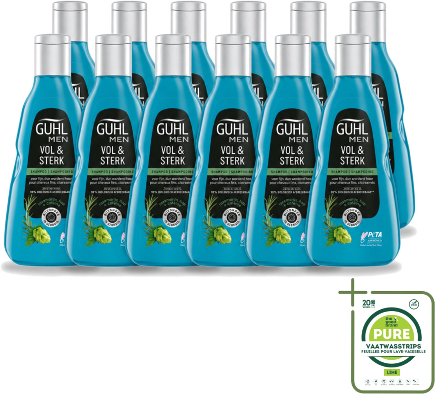 12 x Guhl - Shampoo - Men Vol & Sterk - 250 ml - Grootverpakking - Vaatwasstrips - Mannenhaar - Volume - Kracht - Vitaliteit - Cafeïne