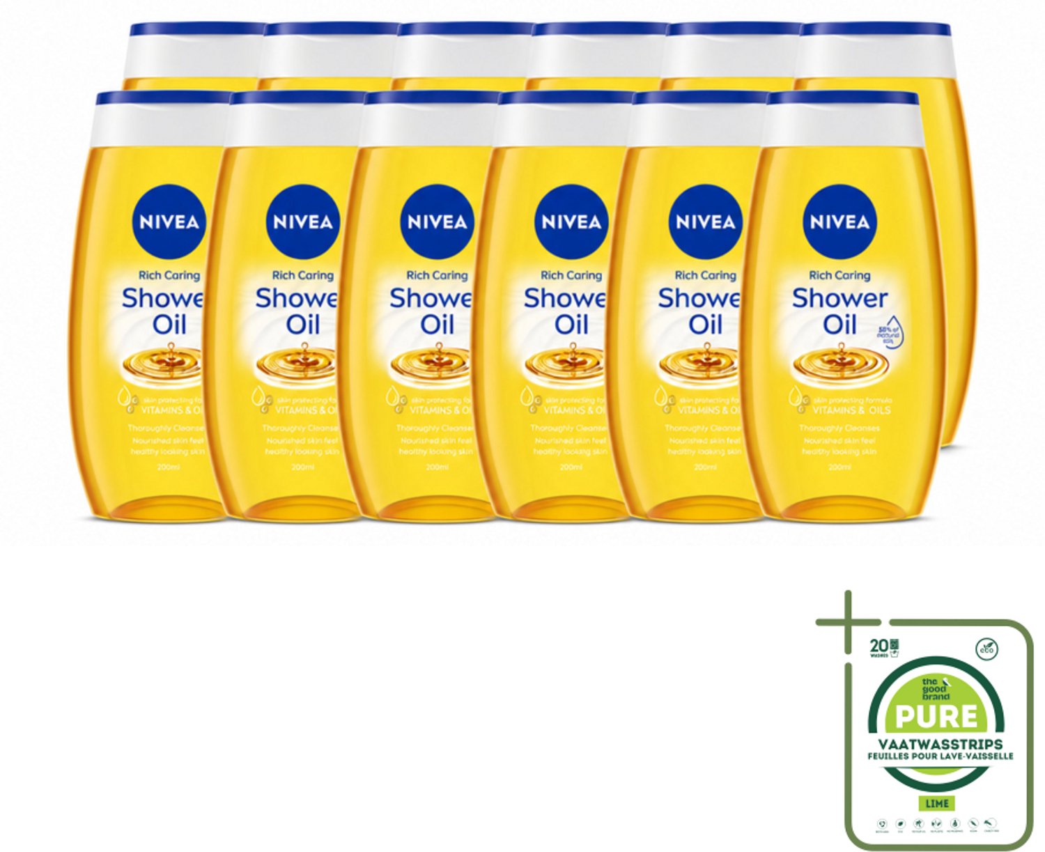 12 x NIVEA - Doucheolie - Natuurlijke Doucheolie - 200 ml - Grootverpakking - Vaatwasstrips - Doucheolie - Natuurlijke Oliën - Huid Verzorging - Zachte Huid - Hydraatatie