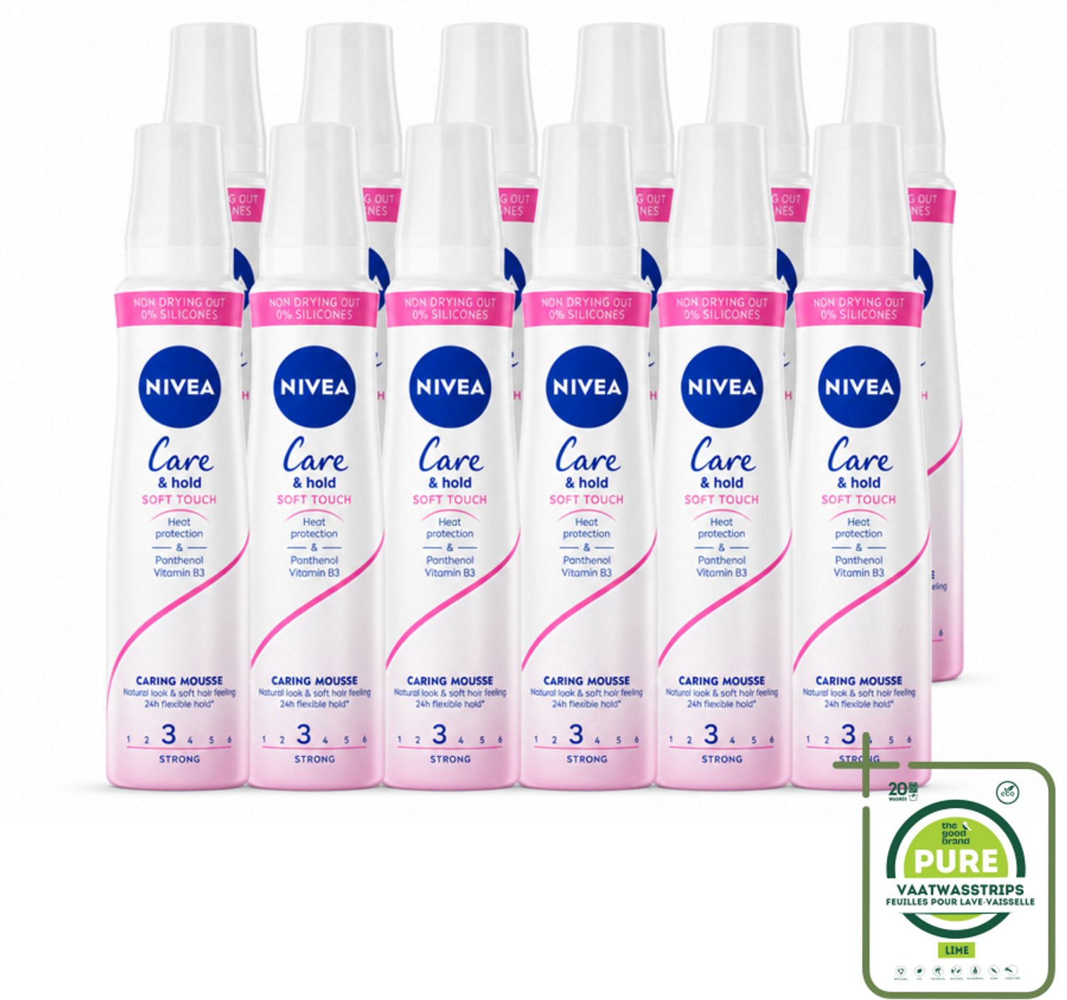 12 x NIVEA - Haarschuim - Verzorging & Stevigheid Zachte Aanzet - 24 Uur Lang Bescherming - 250 ml - Grootverpakking - Vaatwasstrips - Haarmousse - Verzorging - Volume - Natuurlijke Fixatie - Panthenol