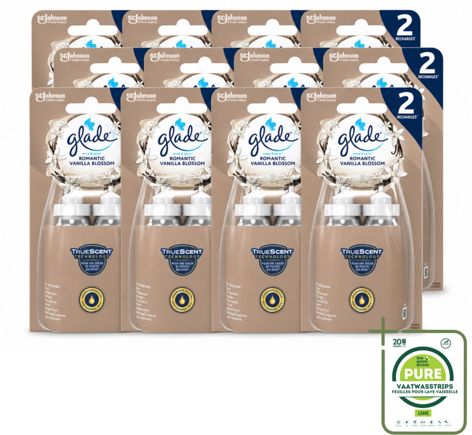 12 x Glade - Sense & Spray - Romantic Vanillebloesem - 2 × 18 ml - Grootverpakking - Vaatwasstrips - Romantische Geur - Geurverspreiding - Automatische Geur - Essentiële Oliën - Huisgeur