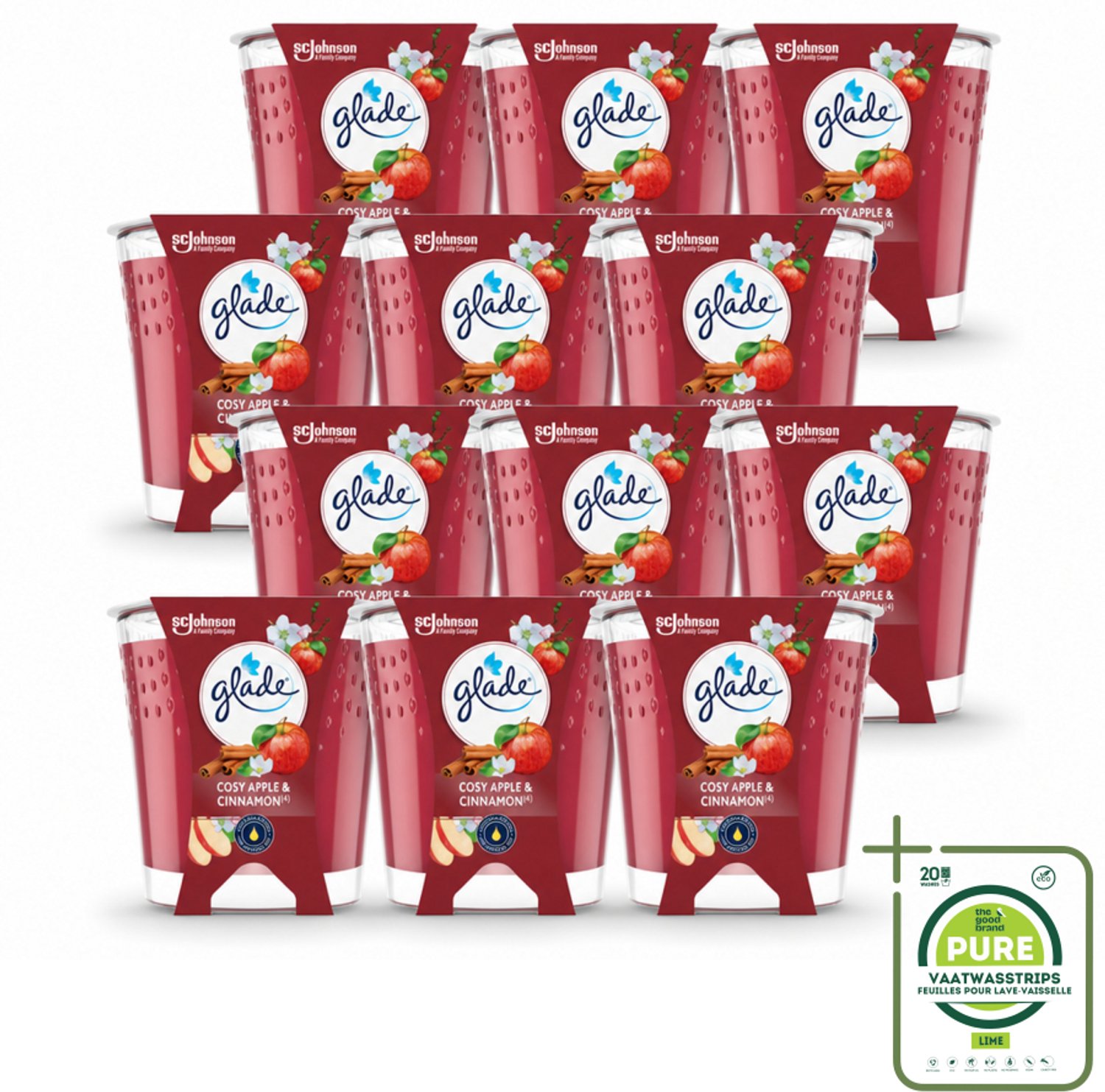 12 x Glade - Geurkaars Cosy Appel Kaneel - 100% Raapzaadwas & Vegan - 112 g - Grootverpakking - Vaatwasstrips - Geurkaars - Vegan - Warme Geur - Appel - Kaneel