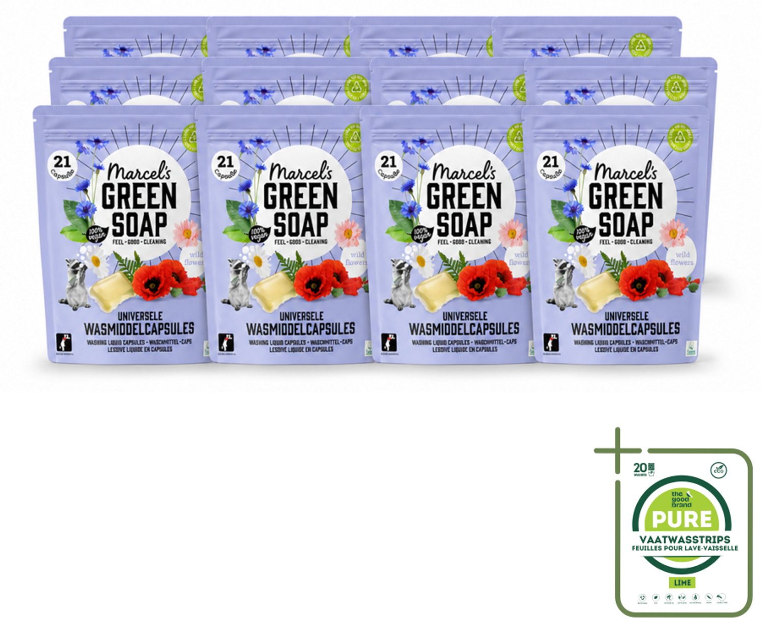 12 x Marcel's Green Soap - Wascapsules - Wilde Bloemen - Gemak in één dosis - 21 Capsules - Grootverpakking - Vaatwasstrips - Wascapsules - Wasgoed Reinigen - Natuurlijke Geur - Vegan Zeep - Milieuvriendelijk Wassen