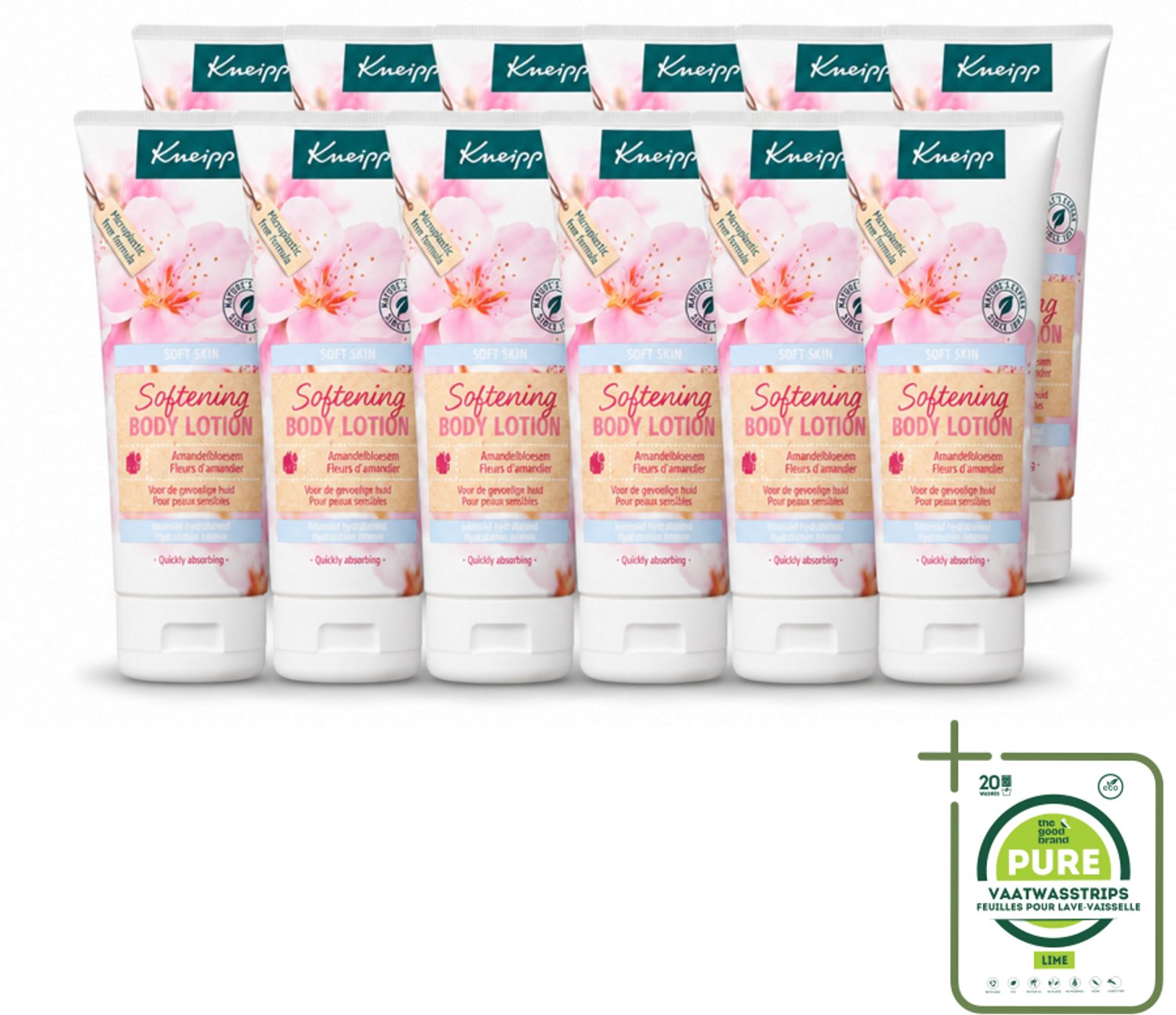 12 x Kneipp - Body lotion - Soft Skin - Amandelbloesem - 200 ml - Grootverpakking - Vaatwasstrips - Gevoelige Huid - Amandelolie - Hydraterende Lotion - Zachte Huid - Huidverzorging