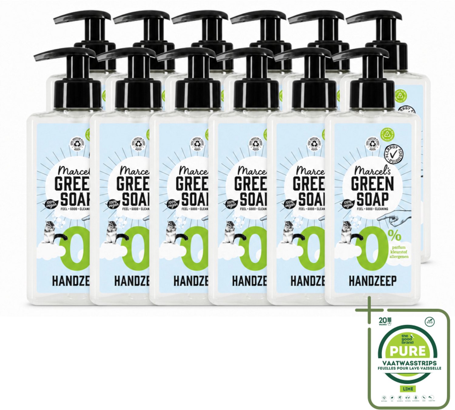12 x Marcel's Green Soap - Handzeep 0% - Zachte verzorging - 250 ml - Grootverpakking - Vaatwasstrips - Handzeep 0% - Gevoelige Huid - Milde Handzeep - Plantaardige Glycerine - Allergiegecertificeerd