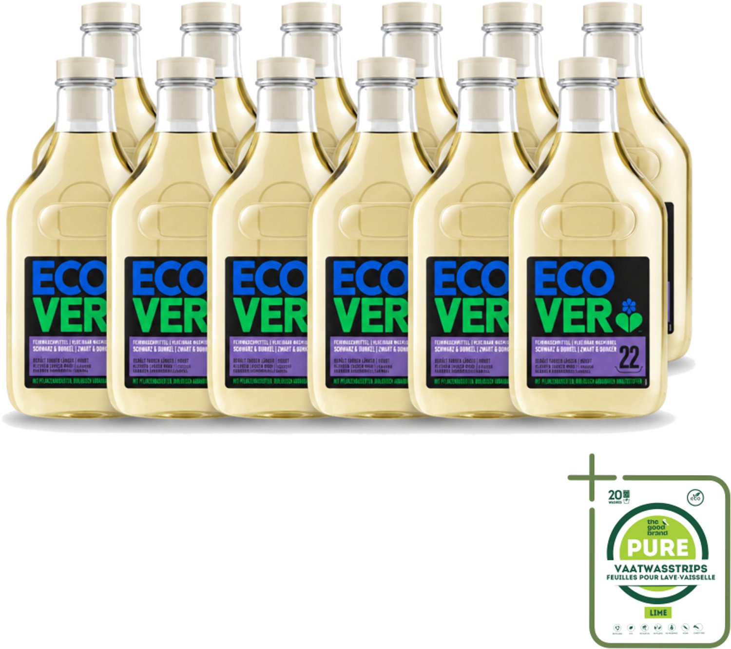 12 x Ecover - Vloeibaar wasmiddel - Zwart & Donker - 1 liter - 22 wasbeurten - Grootverpakking - Vaatwasstrips - Donker Wasmiddel - Kleurbehoud - Kleuroverdracht Voorkomen - Ecologisch Wasmiddel - Plantaardig Wasmiddel