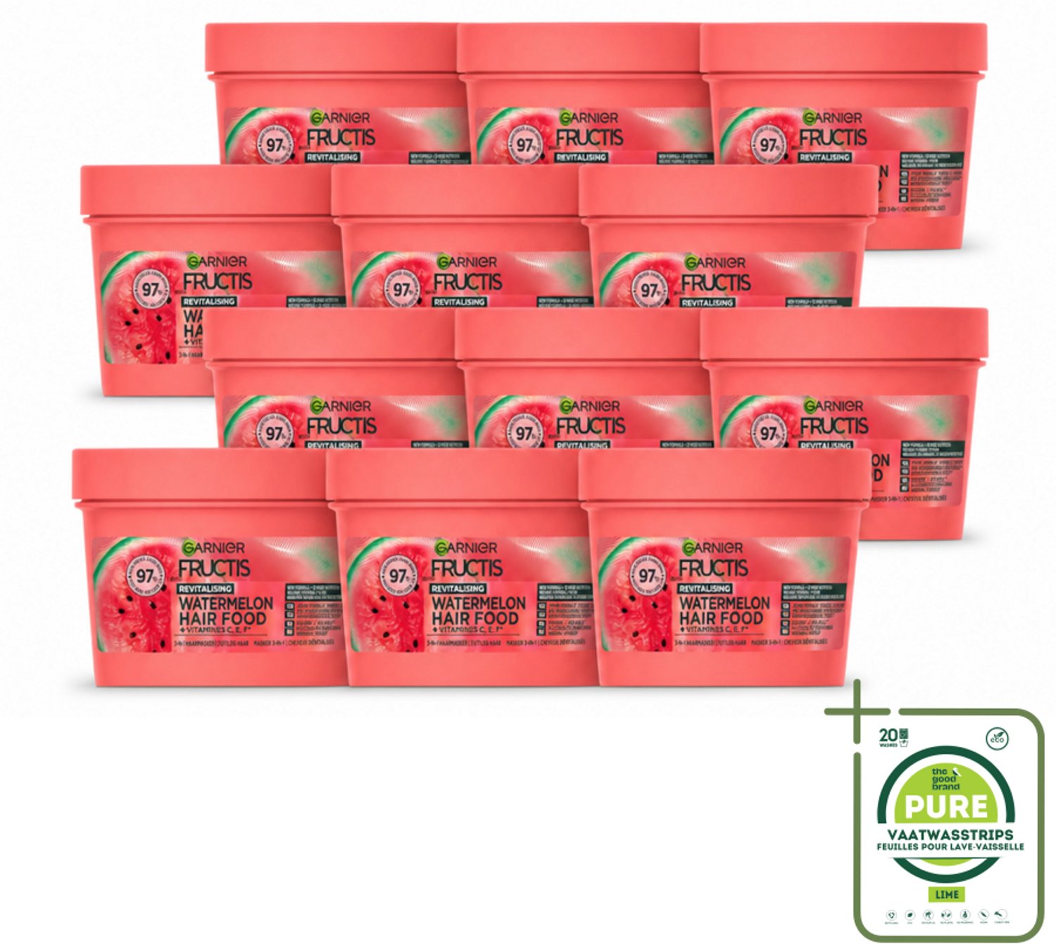 12 x Garnier - Fructis Hair Food Watermelon - 3-in-1 Haarmasker - Futloos Haar - 400 ml - Grootverpakking - Vaatwasstrips - Haarmasker - Watermeloen - Hydraat - Futloos Haar - Natuurlijke Oorsprong
