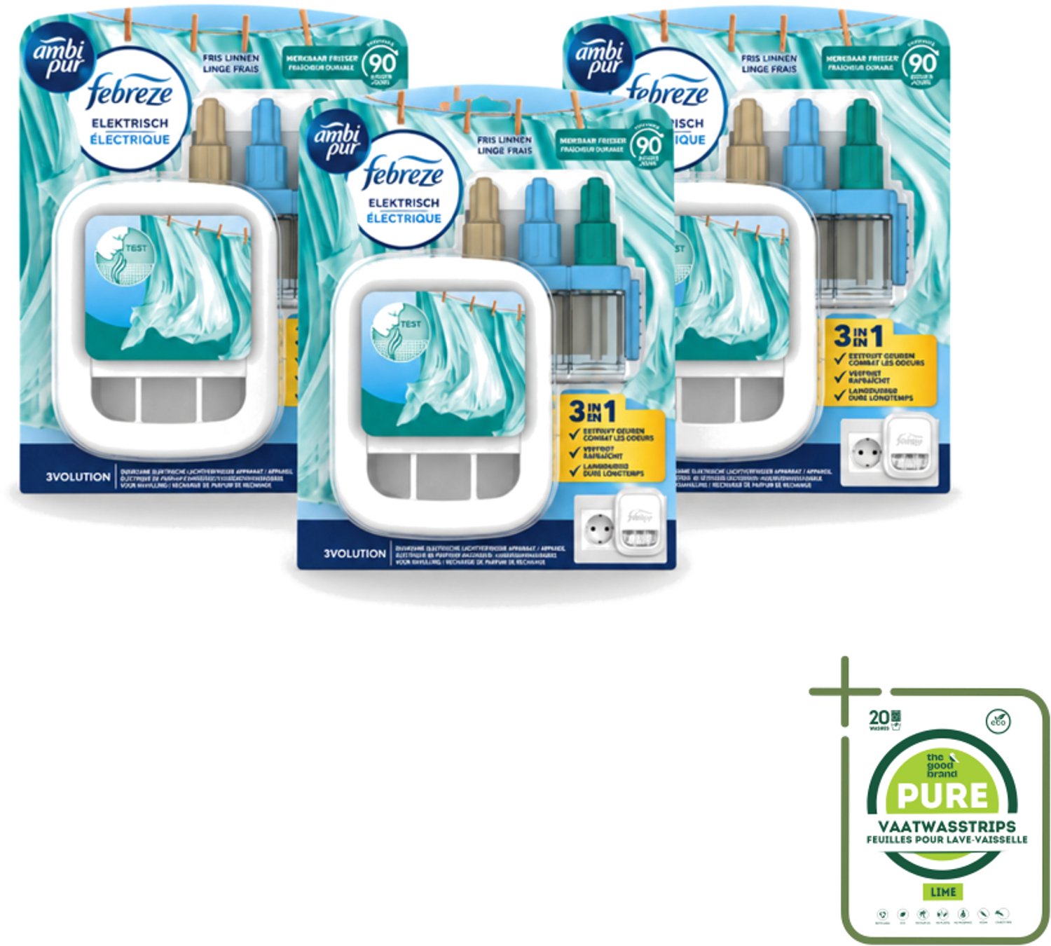 3 x Ambi Pur - 3Volution - Starterkit - Fresh Linnen - 20 ml - Grootverpakking - Vaatwasstrips - Geurwisseling - Frisse Linnengeur - Geurverspreiding - Geurbeleving - Automatische Geurwisseling