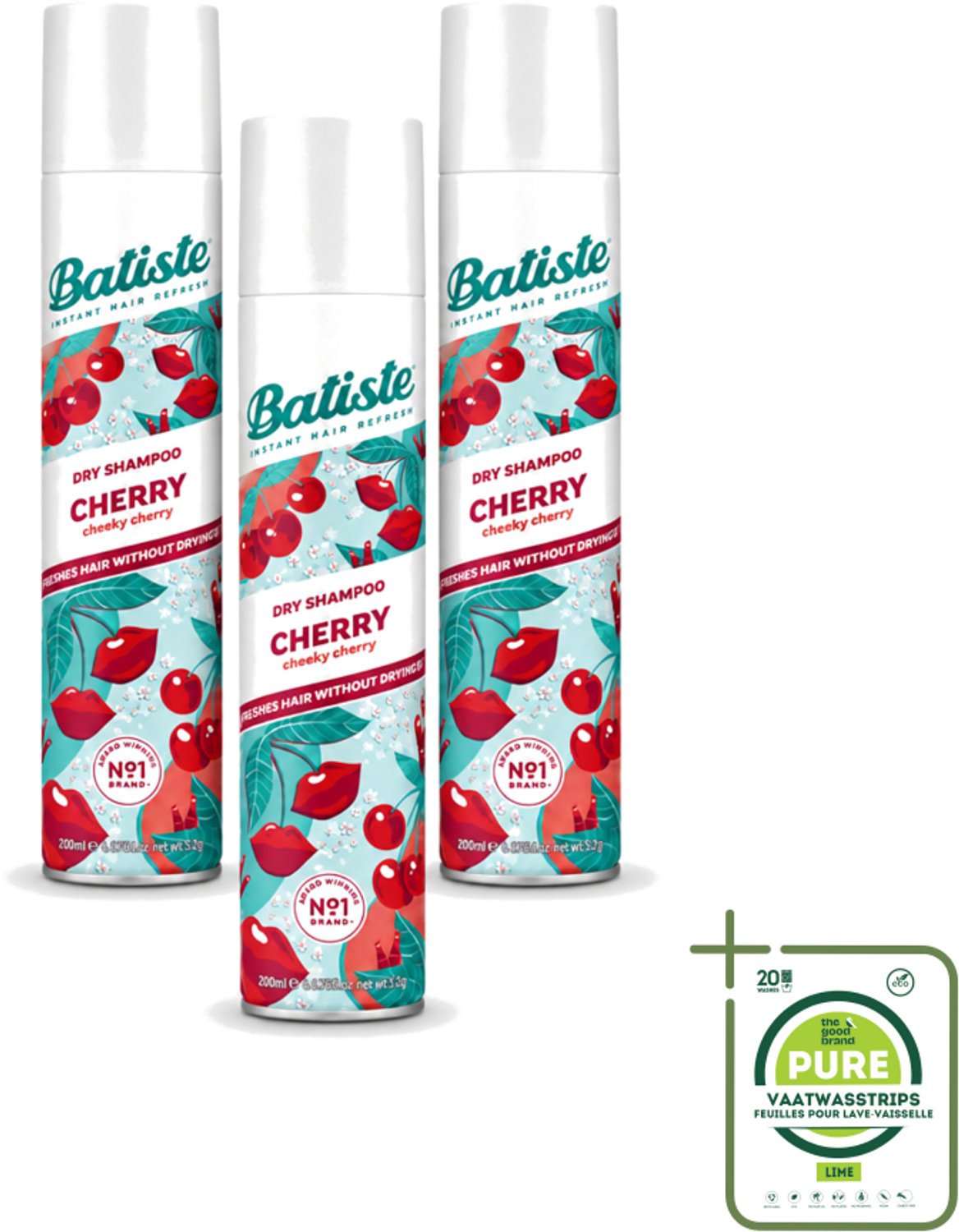 3 x Batiste - Cherry - Droogshampoo - Kersenbloesem Geur - Verfrist en Geeft Volume - 200ml - Grootverpakking - Vaatwasstrips - Droogshampoo - Kersengeur - Haar Opfrissen - Haar Frisheid - Haar Volume