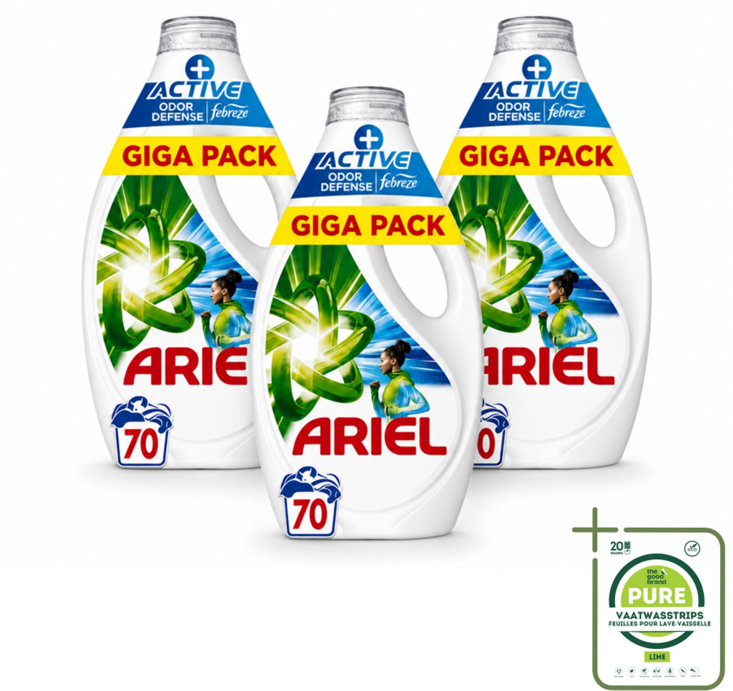 3 x Ariel - Vloeibaar Wasmiddel - +Actieve Odor Defense - 70 Wasbeurten - 3,15 liter - Grootverpakking - Vaatwasstrips - Vloeibaar Wasmiddel - Geurbestrijding - Zweetgeuren - Koud Water - Vlekken Verwijderen