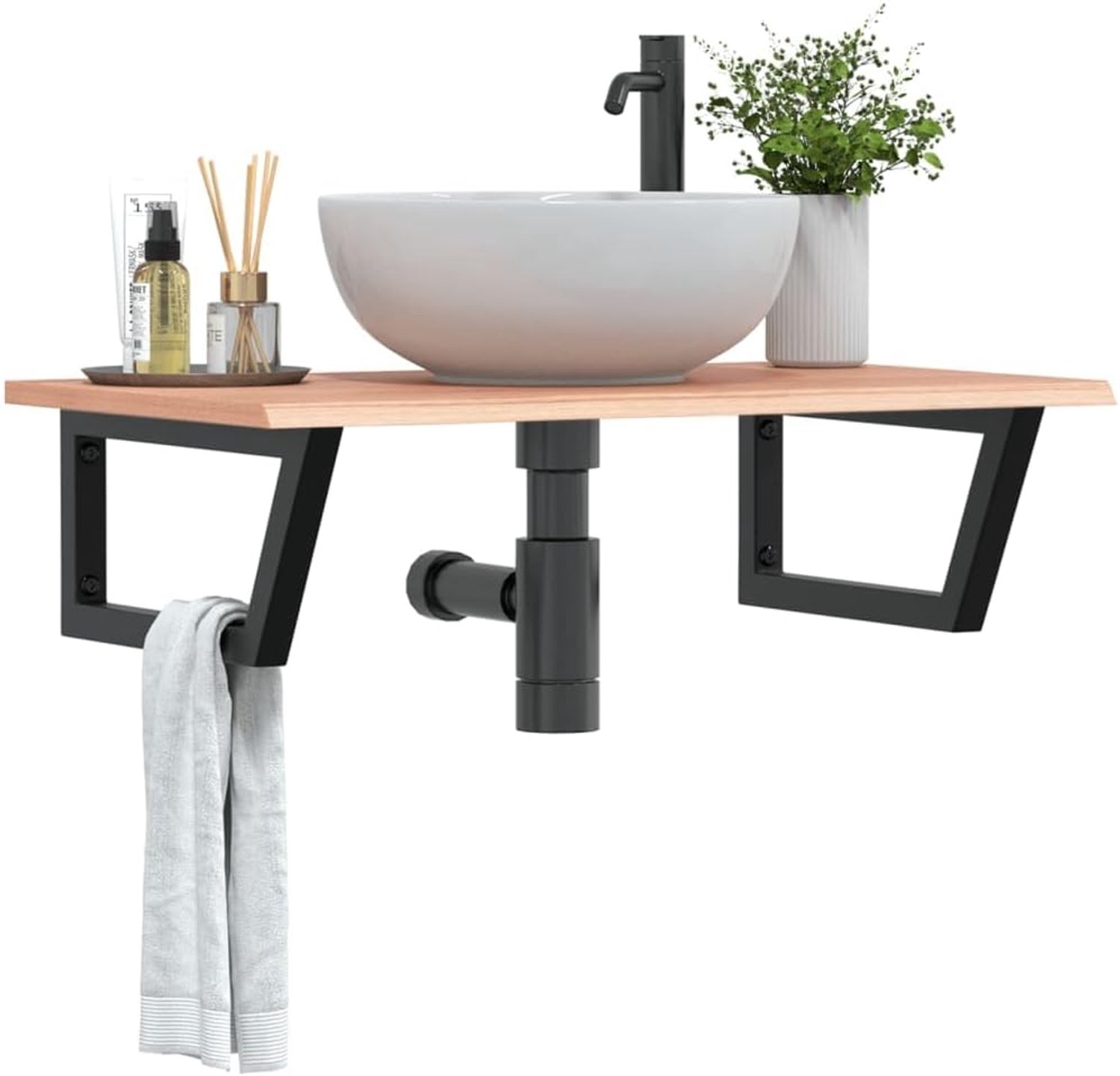 Wastafelblad eiken massief hout 80x50x2 cm met stalen houder
