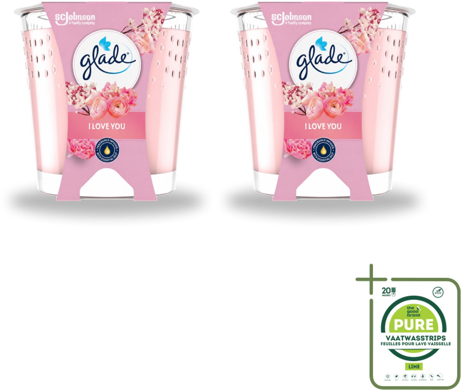 2 x Glade - Geurkaars I Love You - 100% Raapzaadwas & Vegan - 112 g - Grootverpakking - Vaatwasstrips - Geurkaars - Vegan - Bloemige Geur - Meloen - Perzik