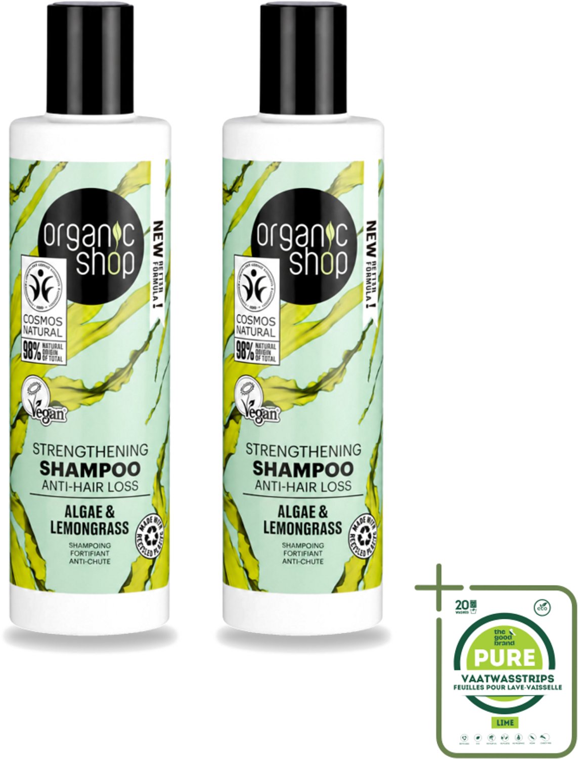 2 x Organic Shop - Algae & Lemongrass Strengthening Shampoo - Versterkend en Herstellend - 280 ml - Grootverpakking - Vaatwasstrips - Haarversterking - Haaruitval - Organisch Algenextract - Citroengrasolie - Gezonde Haarwortels