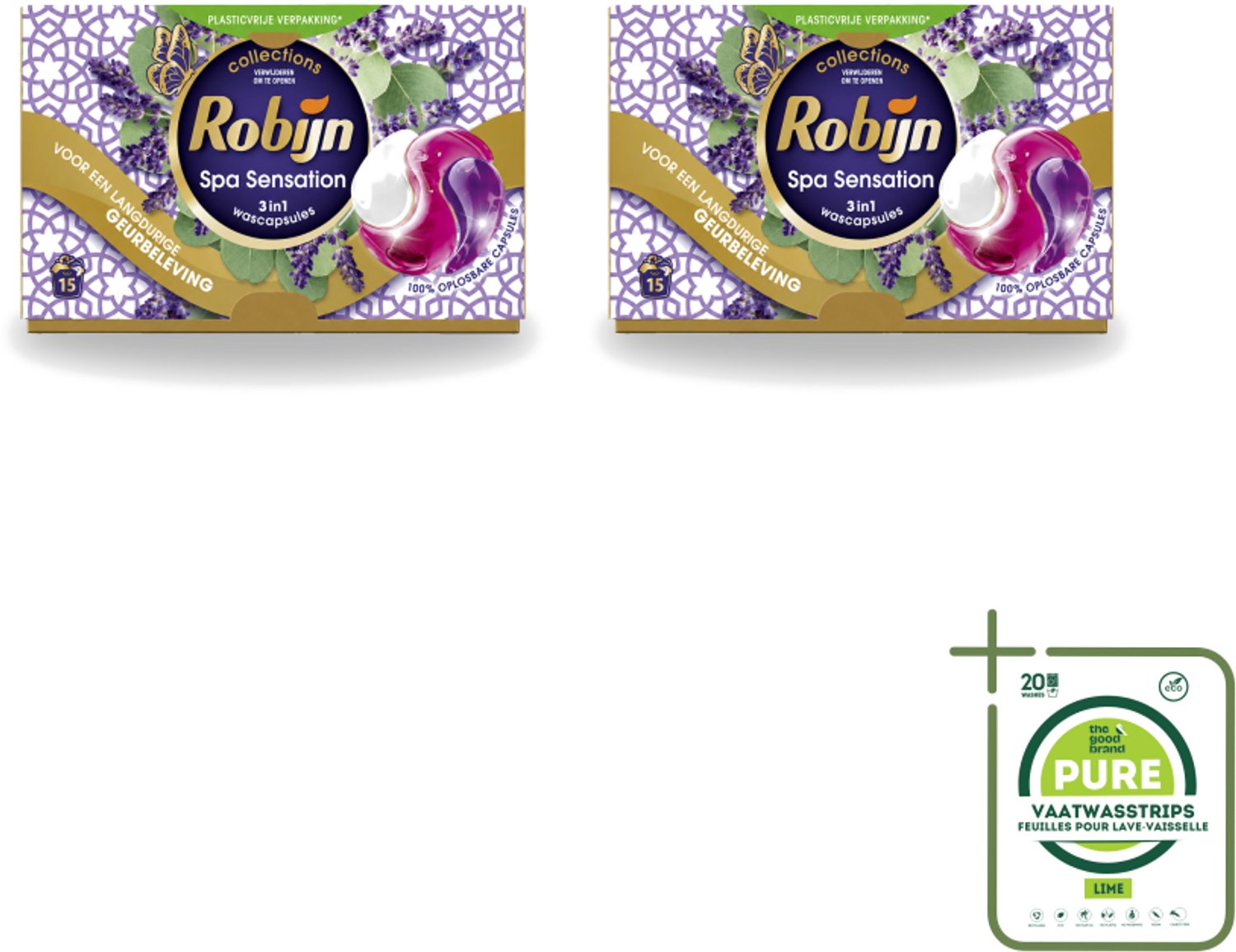 2 x Robijn - 3-in-1 Spa Sensation - Wascapsules - 15 Wasbeurten - Grootverpakking - Vaatwasstrips - Wascapsules - Wasmiddel - Geur - Kleurbehoud - Wasverzachter