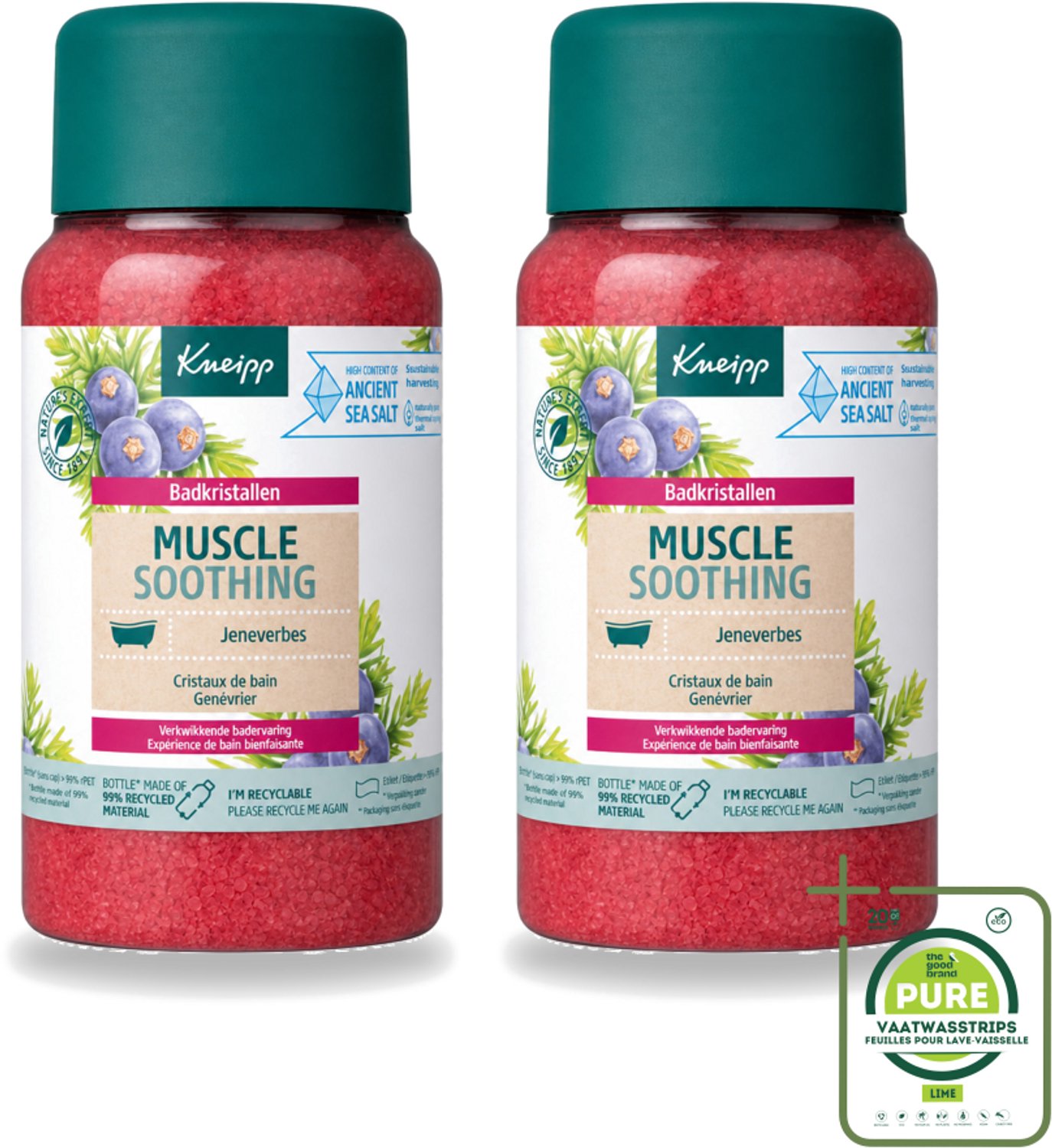 2 x Kneipp - Badzout - Muscle Soothing - Jeneverbes - Weldaad voor spieren - 600 g - Grootverpakking - Vaatwasstrips - Badzout - Spierverzorging - Spierpijn - Ontspanning - Badkristallen