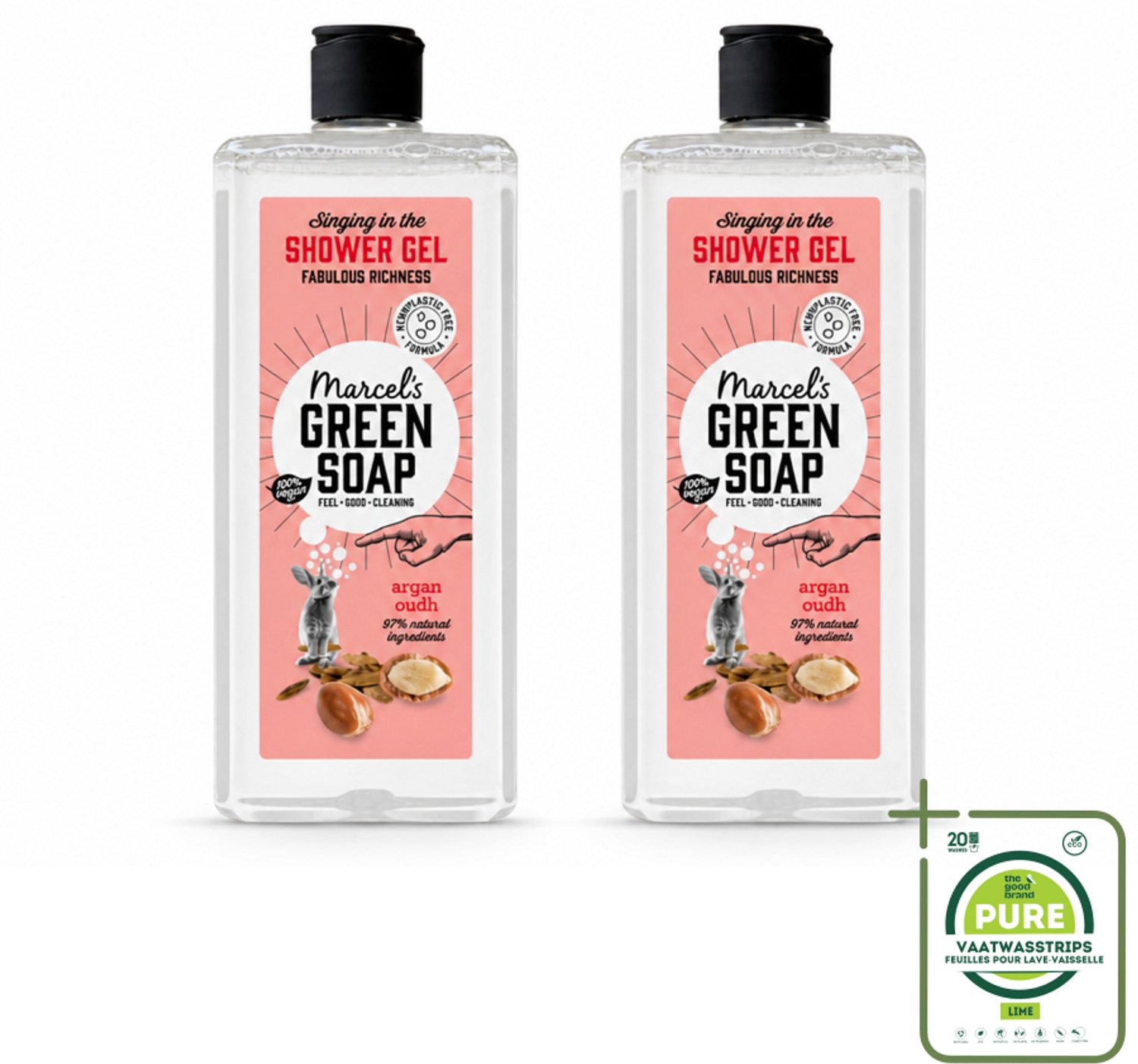 2 x Marcel's Green Soap - Douchegel - Argan & Oudh - Verzorgend & zacht - 300 ml - Grootverpakking - Vaatwasstrips - Douchegel - Argan - Oudh - Natuurlijke Douchegel - Vegan Douchegel