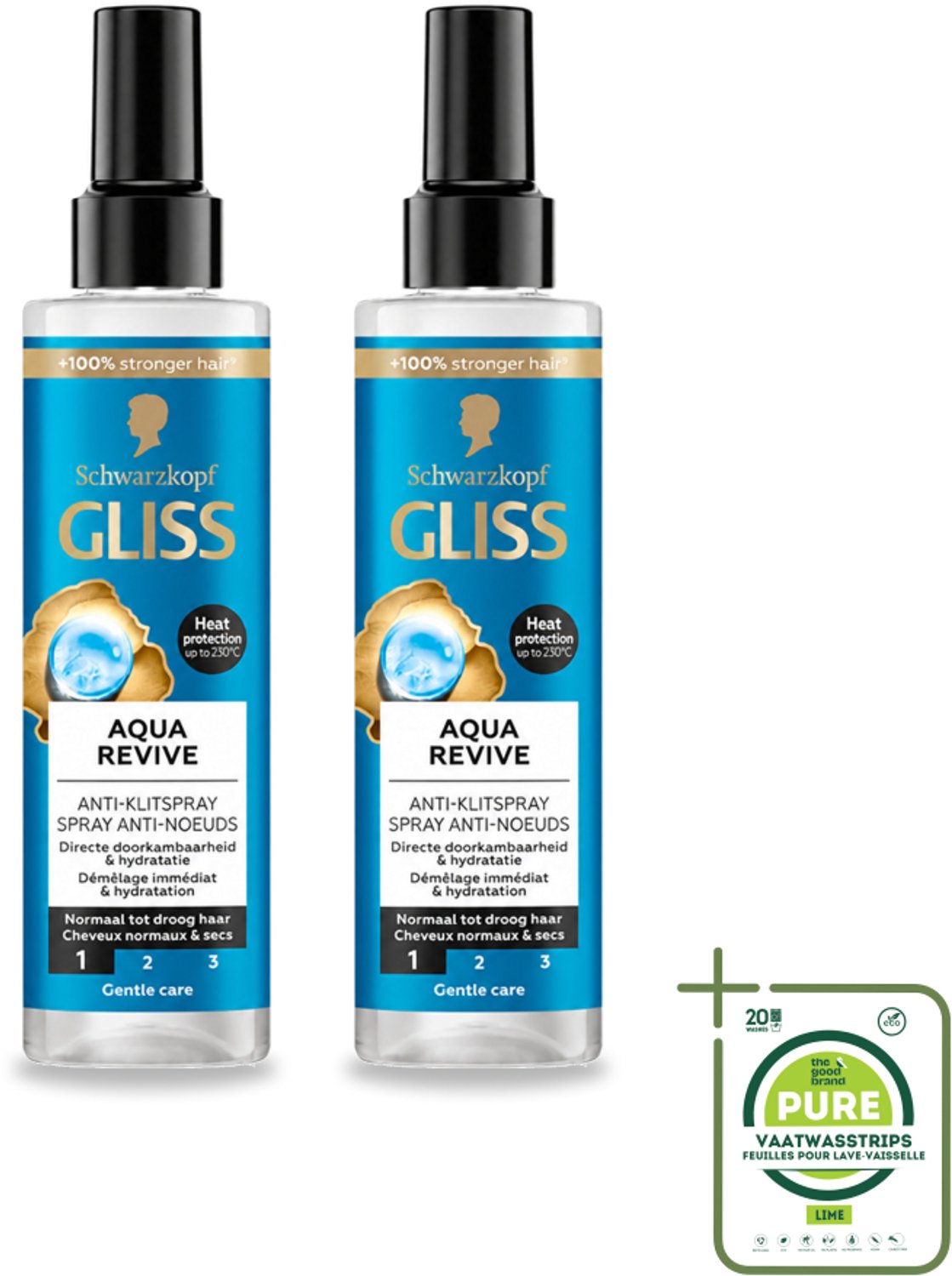 2 x Gliss - Anti-Klit Spray Aqua Revive - Voor Hydraterend en Makkelijk Doorkambaar Haar - 200 ml - Grootverpakking - Vaatwasstrips - Hydraterende Spray - Droog Haar - Klitvrij Haar - Doorkambaarheid - Aquaporine Complex