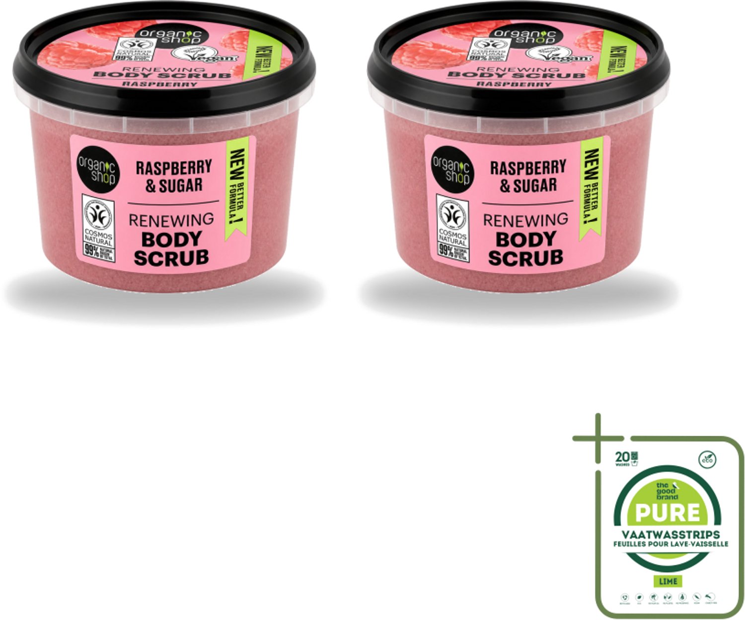 2 x Organic Shop - Organic Raspberry & Sugar Body Scrub - Verfrissend en Peeling - 250 ml - Grootverpakking - Vaatwasstrips - Biologische Bodyscrub - Framboos Scrub - Natuurlijke Exfoliatie - Huidverzorging - Huidpeeling