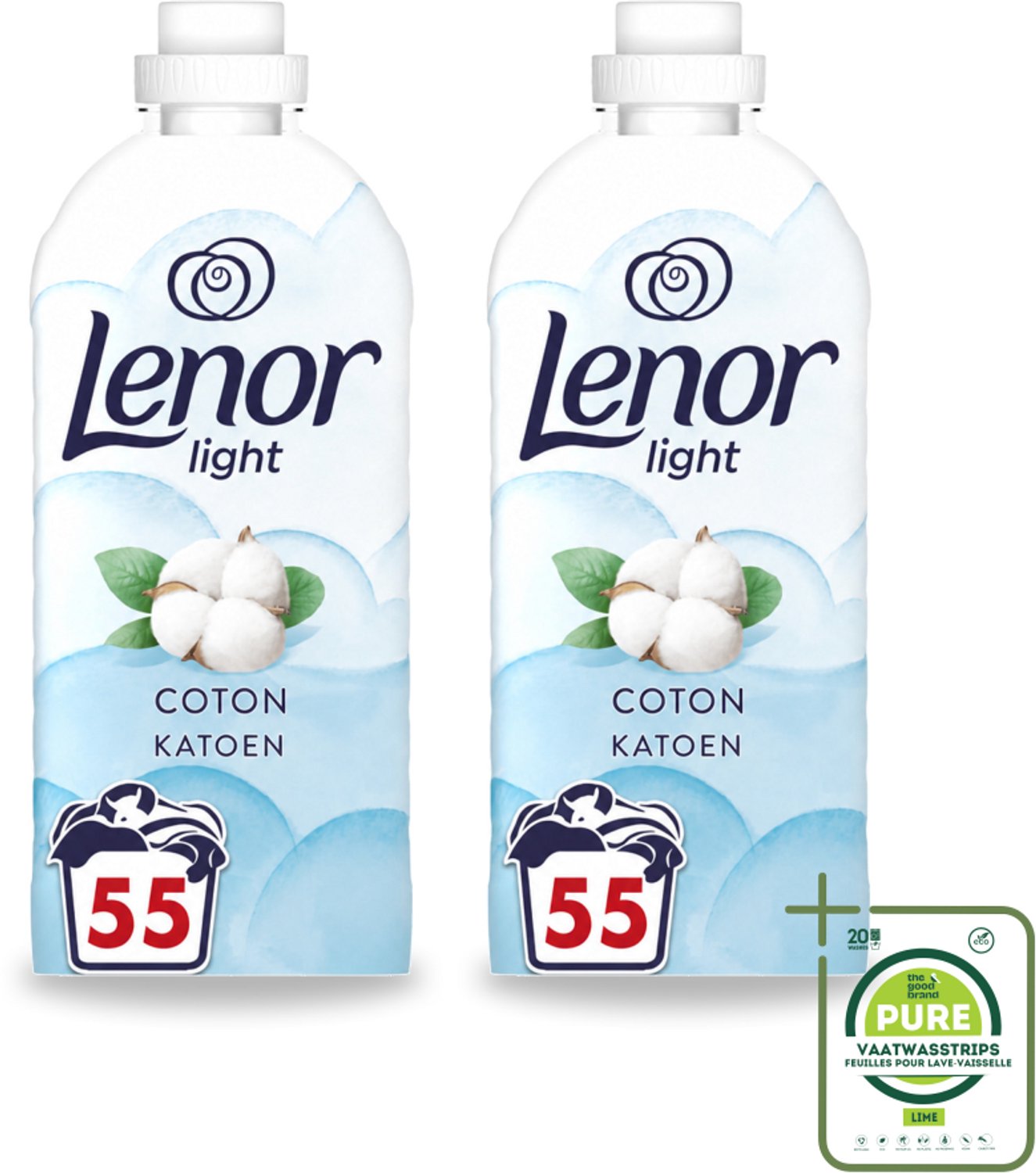 2 x Lenor Light - Wasverzachter - Katoen - Fris & Zacht - 55 Wasbeurten - Grootverpakking - Vaatwasstrips - Wasverzachter Katoen - Wasverzachter Fris - Wasverzachter Katoen Bloesem - Wasverzachter Milde Frisheid - Wasverzachter Zachte Was