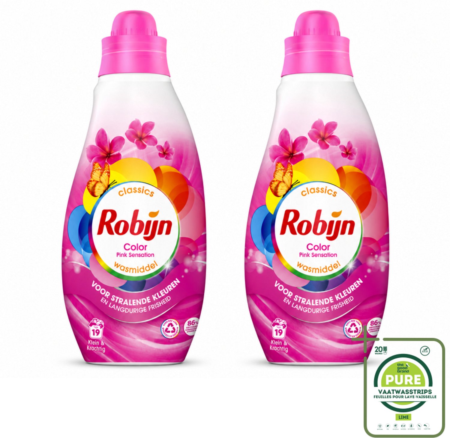 2 x Robijn - Klein & Krachtig Classics Color Pink Sensation - Vloeibaar Wasmiddel - 19 Wasbeurten - Grootverpakking - Vaatwasstrips - Kleurbehoud - Frisse Was - Wasmiddel Voor Gekleurde Kleding - Biologisch Afbreekbaar - Milieuvriendelijk