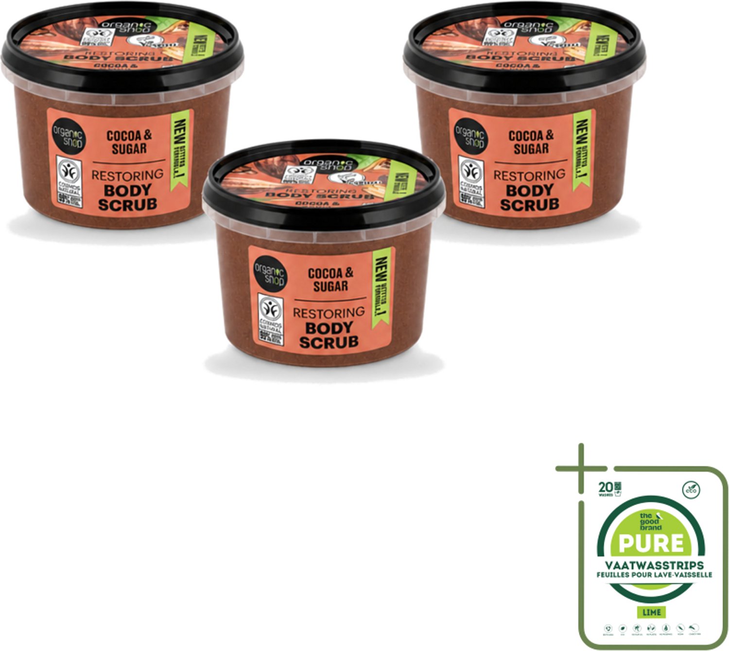 3 x Organic Shop - Body Scrub Cocoa - Rijke Hydratatie - 250 ml - Grootverpakking - Vaatwasstrips - Bodyscrub - Exfoliatie - Huidverzorging - Cacaoboter - Suiker