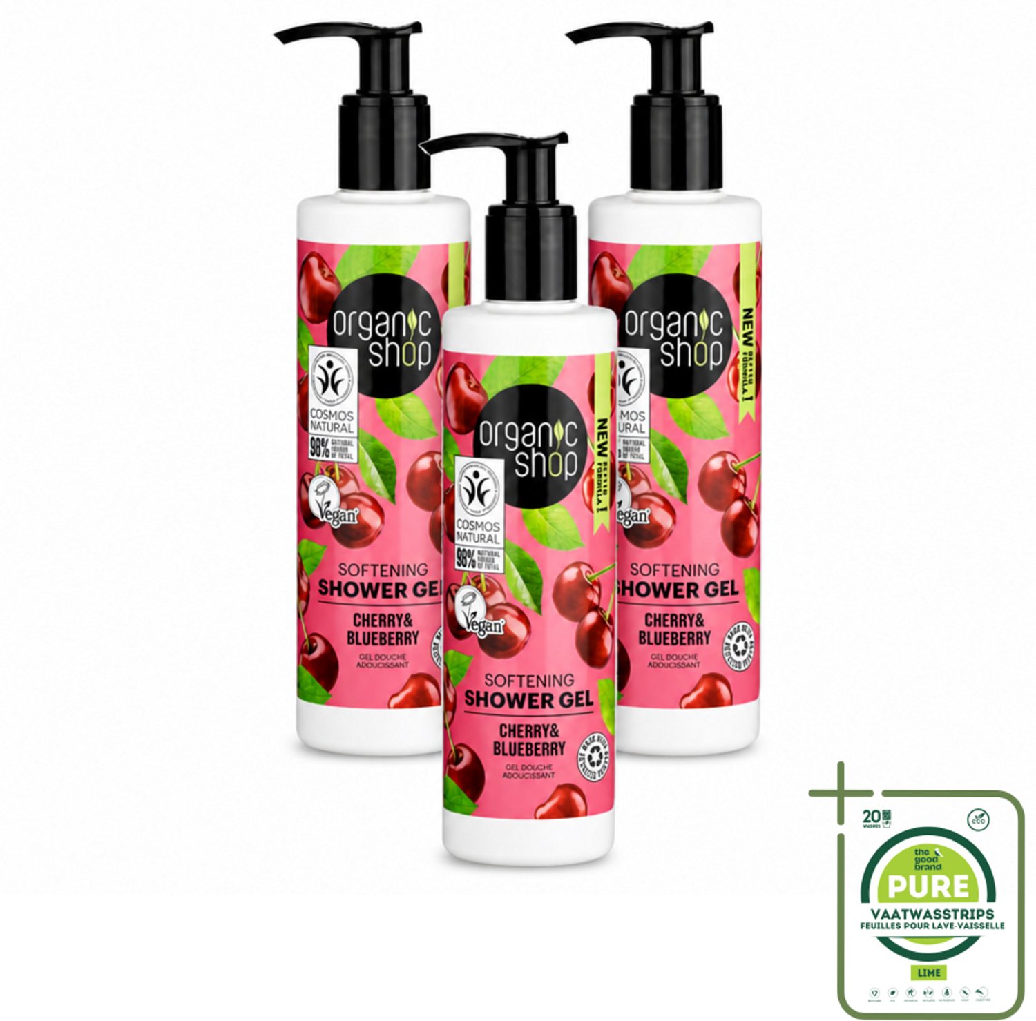 3 x Organic Shop - Douchegel Cherry & Blueberry - Verfrissend en Hydraterend - 280 ml - Grootverpakking - Vaatwasstrips - Douchegel - Natuurlijke Douchegel - Biologische Douchegel - Hydraterende Douchegel - Kersenextract