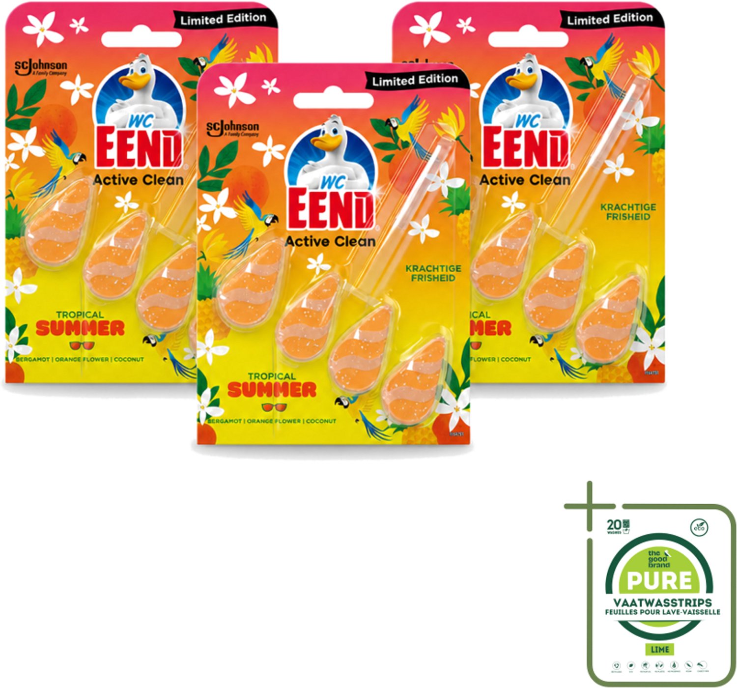 3 x WC Eend - Active Clean Tropical Summer - Toiletblok - Zomerse Frisheid - 38 gr - Grootverpakking - Vaatwasstrips - WC Eend - Toiletblok - Tropische Geur - Actief Schuim - Toilet Reinigen