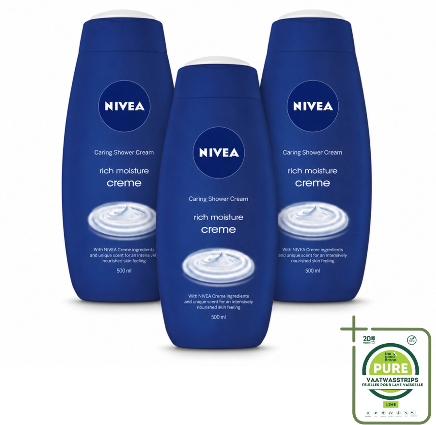 3 x NIVEA - Douchecrème - Rijke Hydratatie - Voedend Huidgevoel - 500 ml - Grootverpakking - Vaatwasstrips - Douchecrème - Voedende Douchecrème - Hydratatie - Huid Verzorging - NIVEA