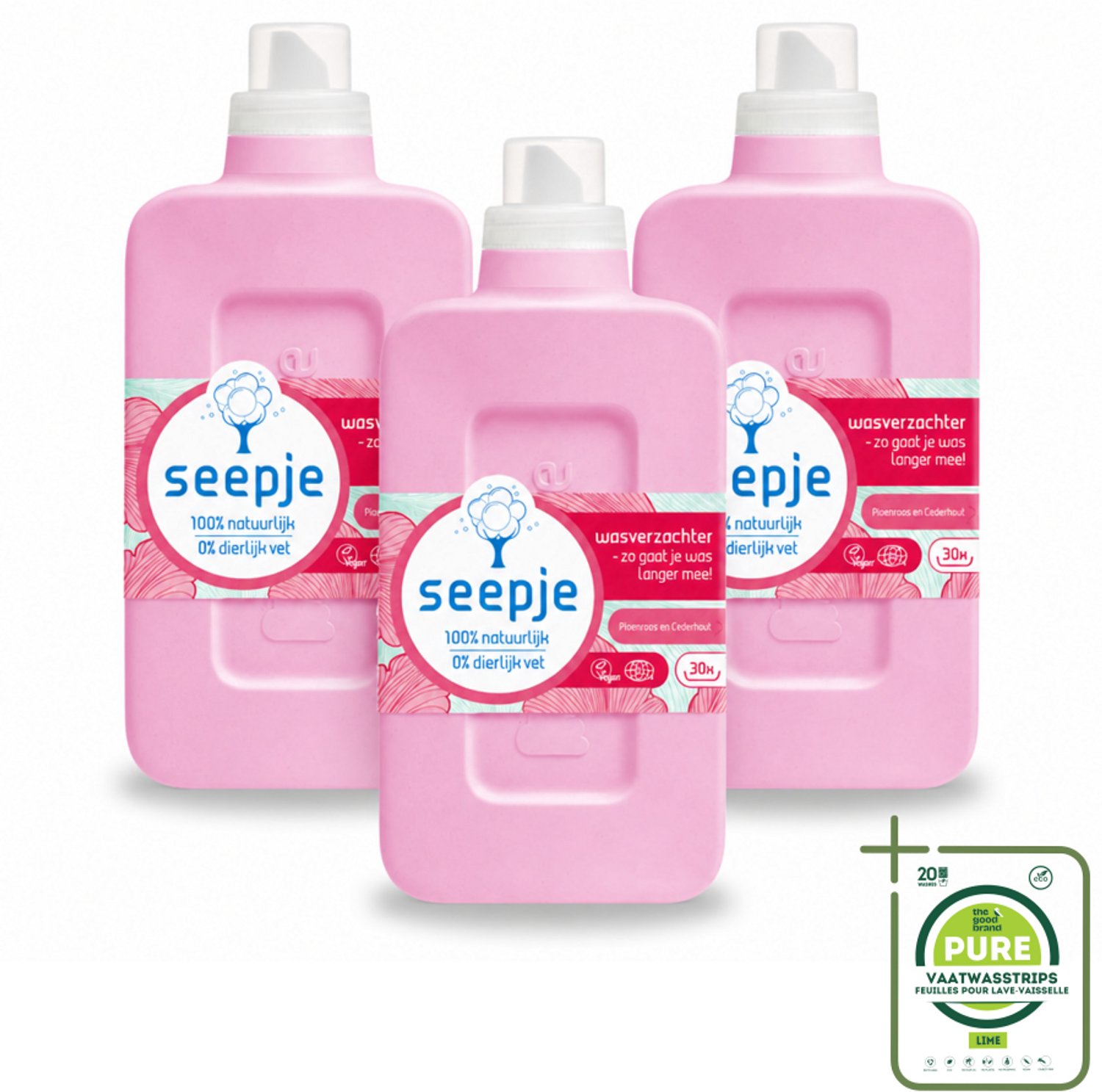 3 x Seepje - Wasverzachter - Geurige Verzorging - Pioenroos en Cederhout - 30 Wasbeurten - 750 ml - Grootverpakking - Vaatwasstrips - Wasverzachter - Natuurlijke Wasverzachter - Pioenroos - Cederhout - Wasverzachter Pioenroos
