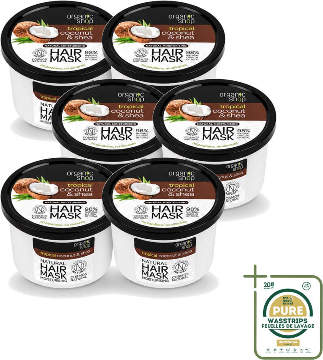 6 x Organic Shop - Haarmasker Coconut & Shea - Verzorgend en Voedend - 250 ml - Wasstrips - Haarmasker - Haarverzorging - Hydratatie - Voeding - Haarherstel