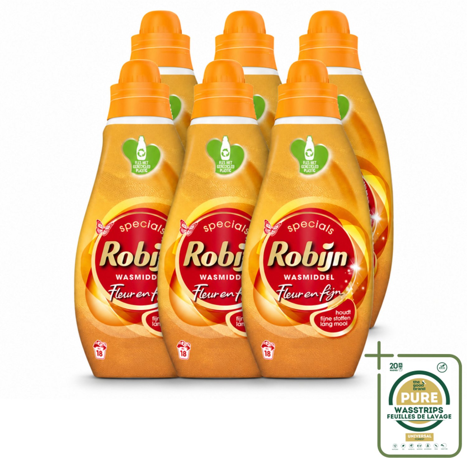 6 x Robijn Specials - Fleur & Fijn - Vloeibaar Wasmiddel - 18 Wasbeurten - Wasstrips - Fijne Was - Kleurbehoud - Biologisch Afbreekbaar - Wasmiddel - Machine- En Handwas