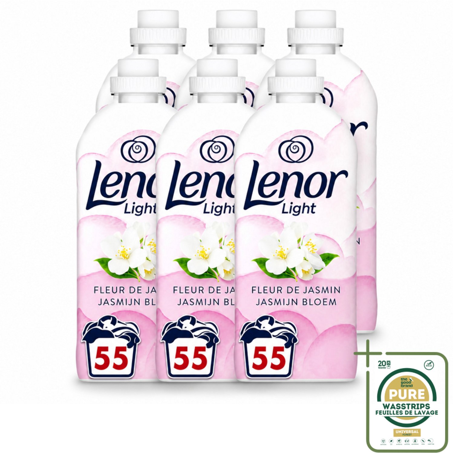 6 x Lenor Light - Wasverzachter - Jasmijnbloem - Fris & Zacht - 55 Wasbeurten - Wasstrips - Wasverzachter - Jasmijn - Frisheid - Wasverzachter Jasmijn - Wasverzachter Voor Kleding