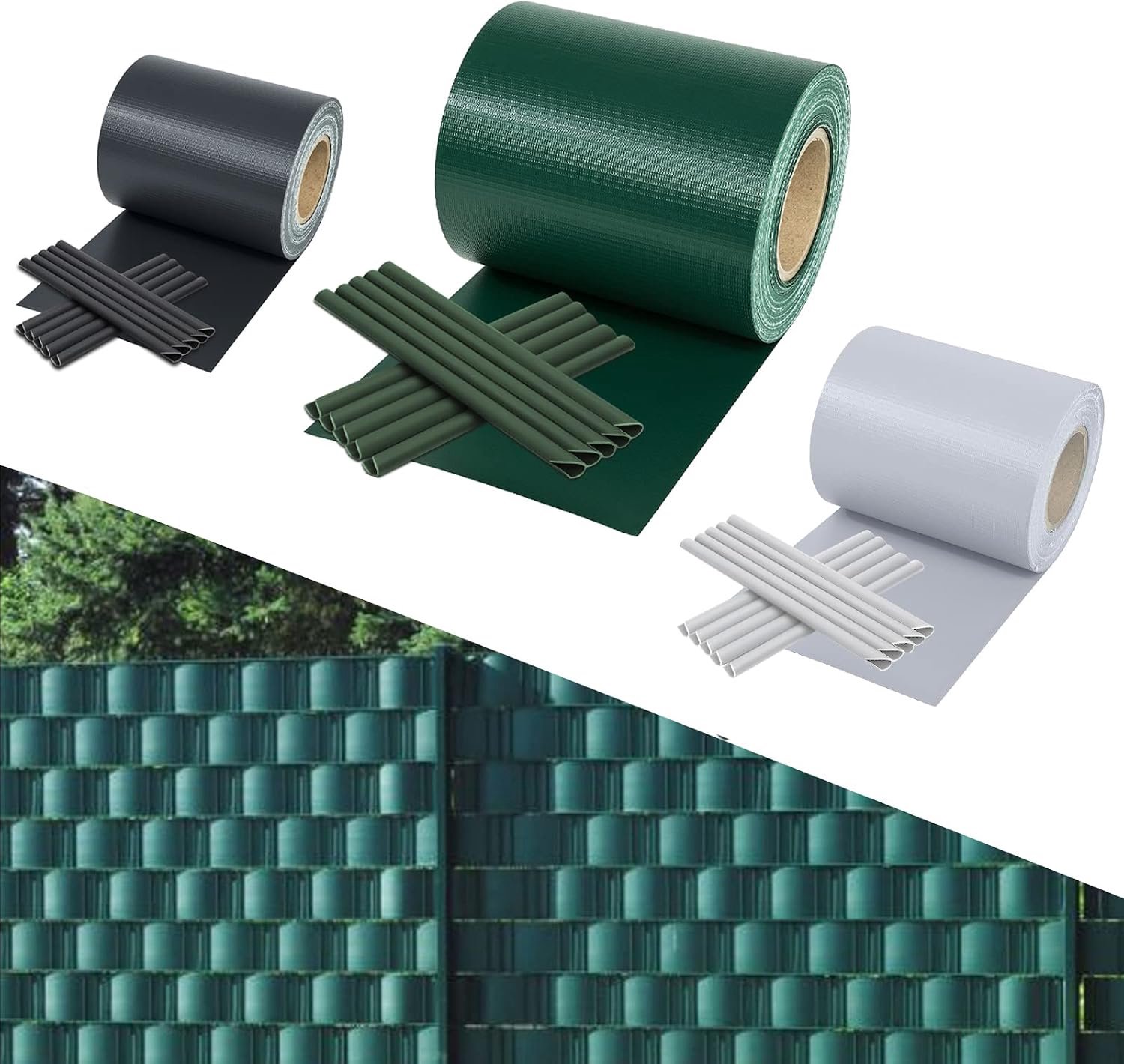 Inkijkwerende stroken voor dubbelstaafmatten, 65 m x 19 cm, pvc, inkijkbescherming, incl. 40 clips, inkijkbescherming, weerbestendig, 450 g/m², voor tuinhek, balkon, dubbelstaafmattenhek, groen