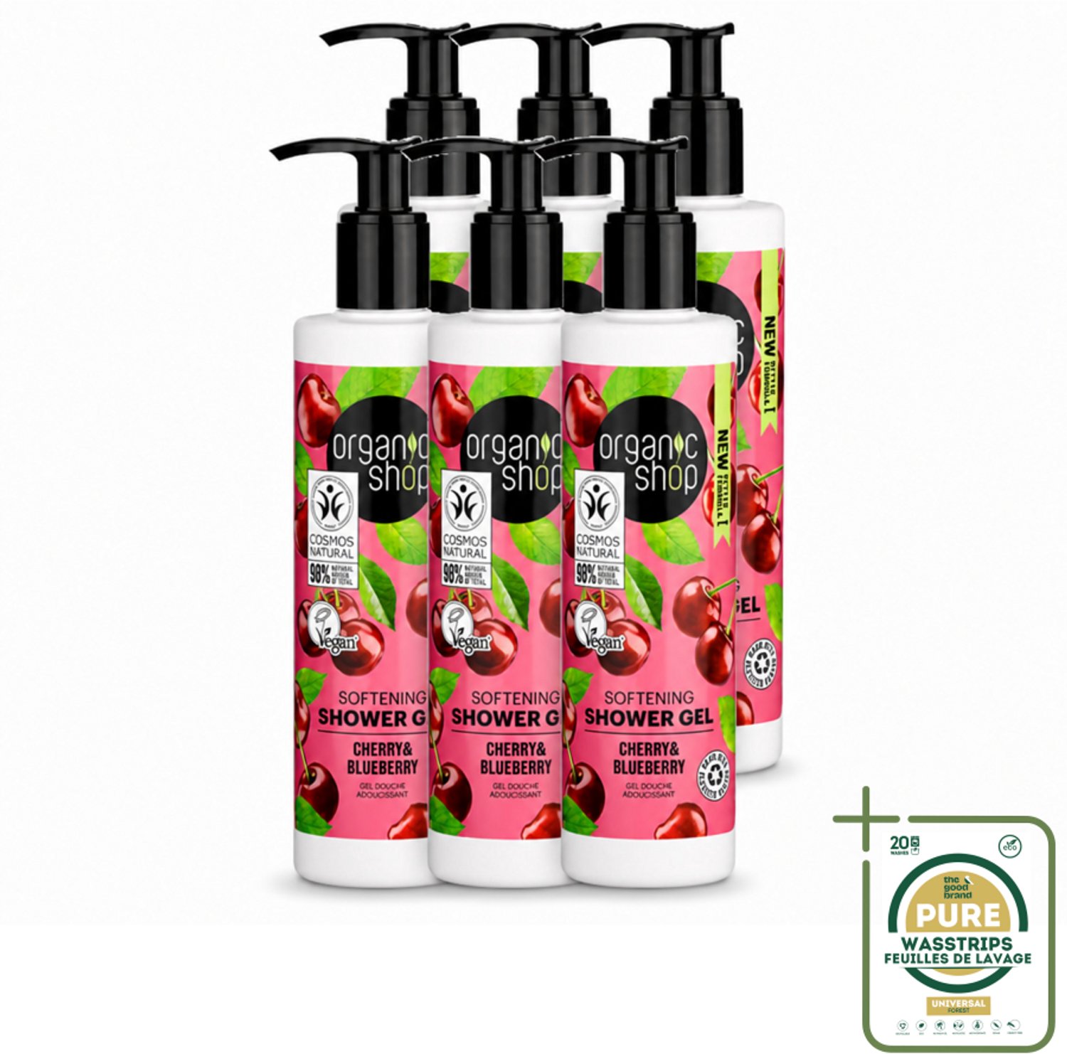 6 x Organic Shop - Douchegel Cherry & Blueberry - Verfrissend en Hydraterend - 280 ml - Wasstrips - Douchegel - Natuurlijke Douchegel - Hydraterende Douchegel - Biologische Douchegel - Kersenextract