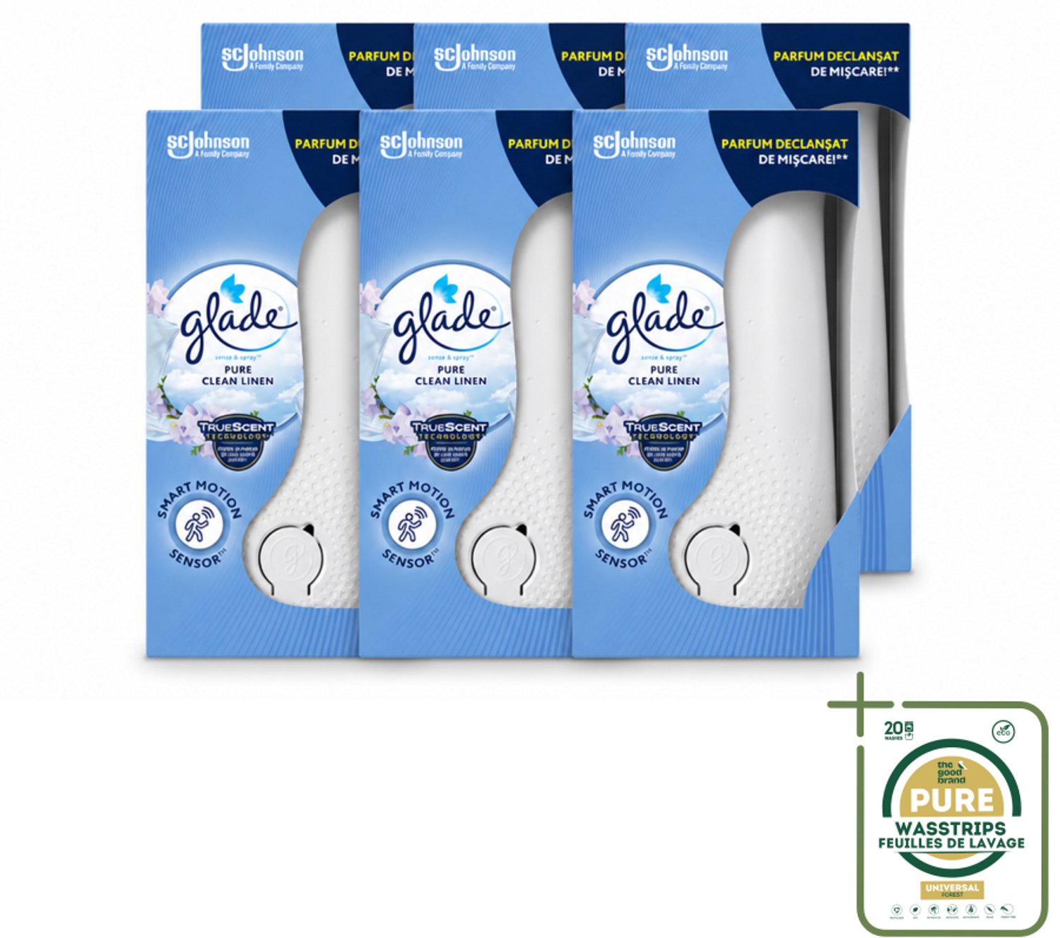 6 x Glade - Houder Sense & Spray - Pure Clean Linen - 18 ml - Wasstrips - Luchtverfrisser - Geurverspreiding - Geurhouder - Geurautomatisch - Geur In Badkamer