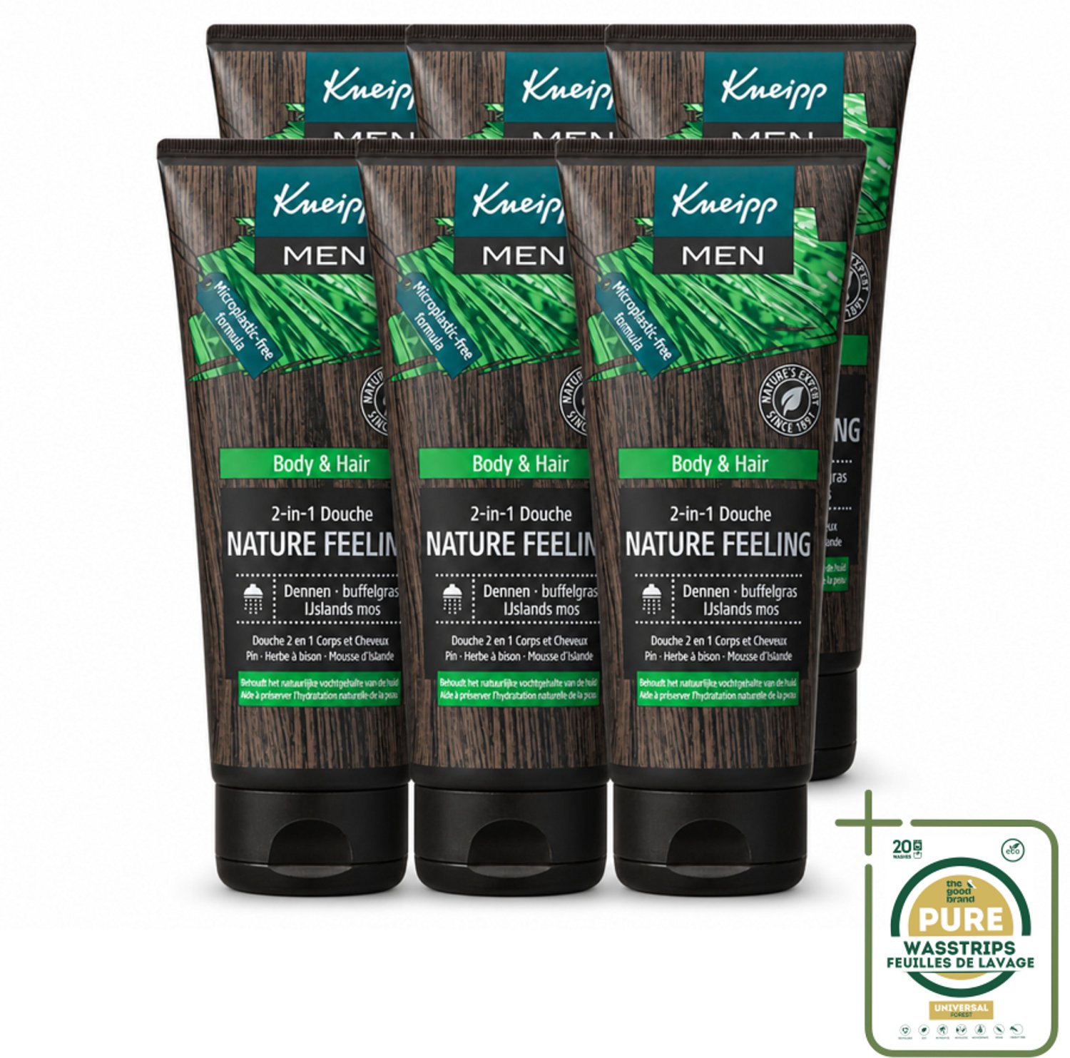 6 x Kneipp - Douchegel - Men - Nature Feeling - 2-in-1 - 200 ml - Wasstrips - Douchegel Voor Mannen - Natuurlijke Douchegel - Frisheid Na Sporten - Verzorging Voor Lichaam En Haar - Dennenolie
