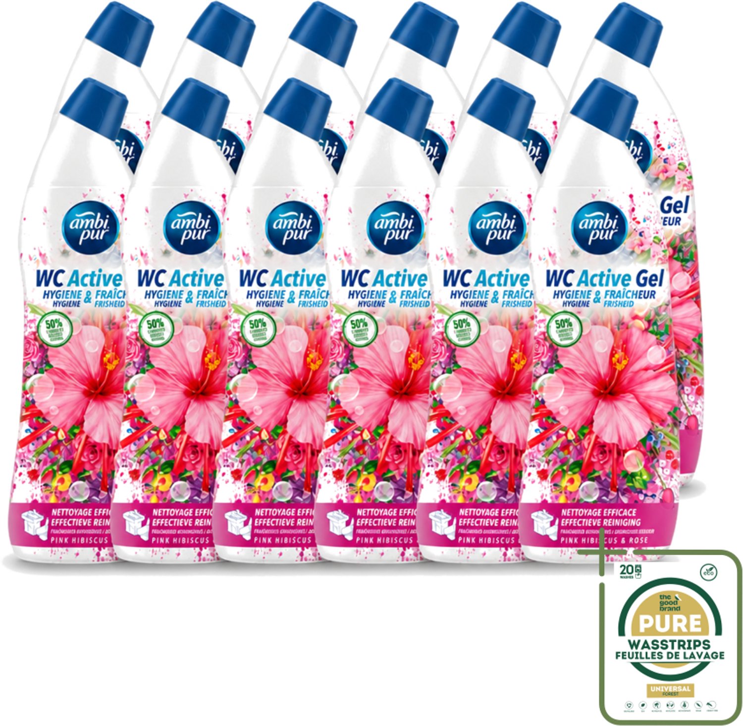 12 x Ambi Pur - Toiletreiniger - WC Active Gel - Hibiscus & Roos - 750 ml - Wasstrips - Toiletreiniger - Anti-kalk - Toilet Reinigen - Toilet Glans - Toilet Geur