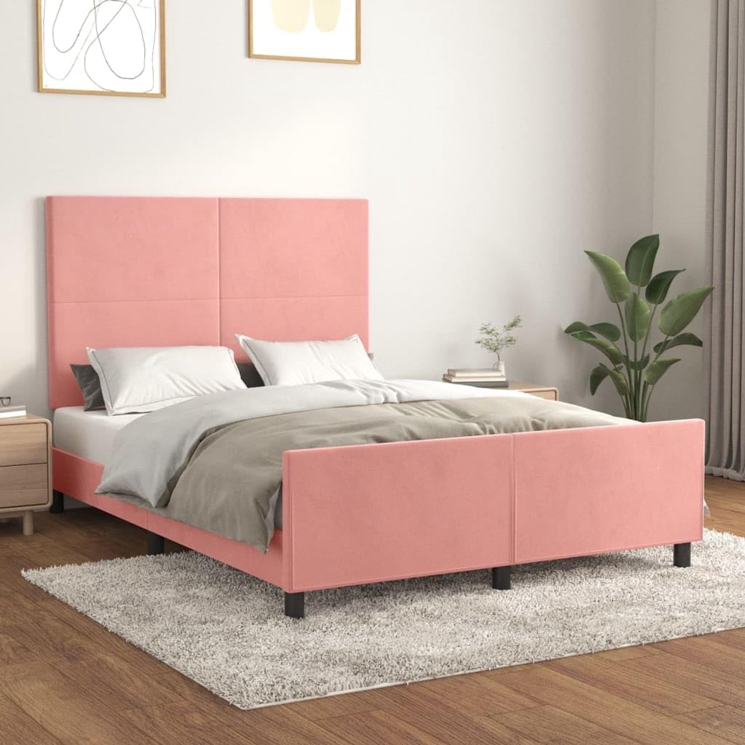 Bedframe met hoofdeinde, roze, 140 x 200 cm, fluweel, hotelbedframe, logeerkamer, bedframe voor slaapkamer, familiebed, voor slaapkamer, hotel, logeerkamer