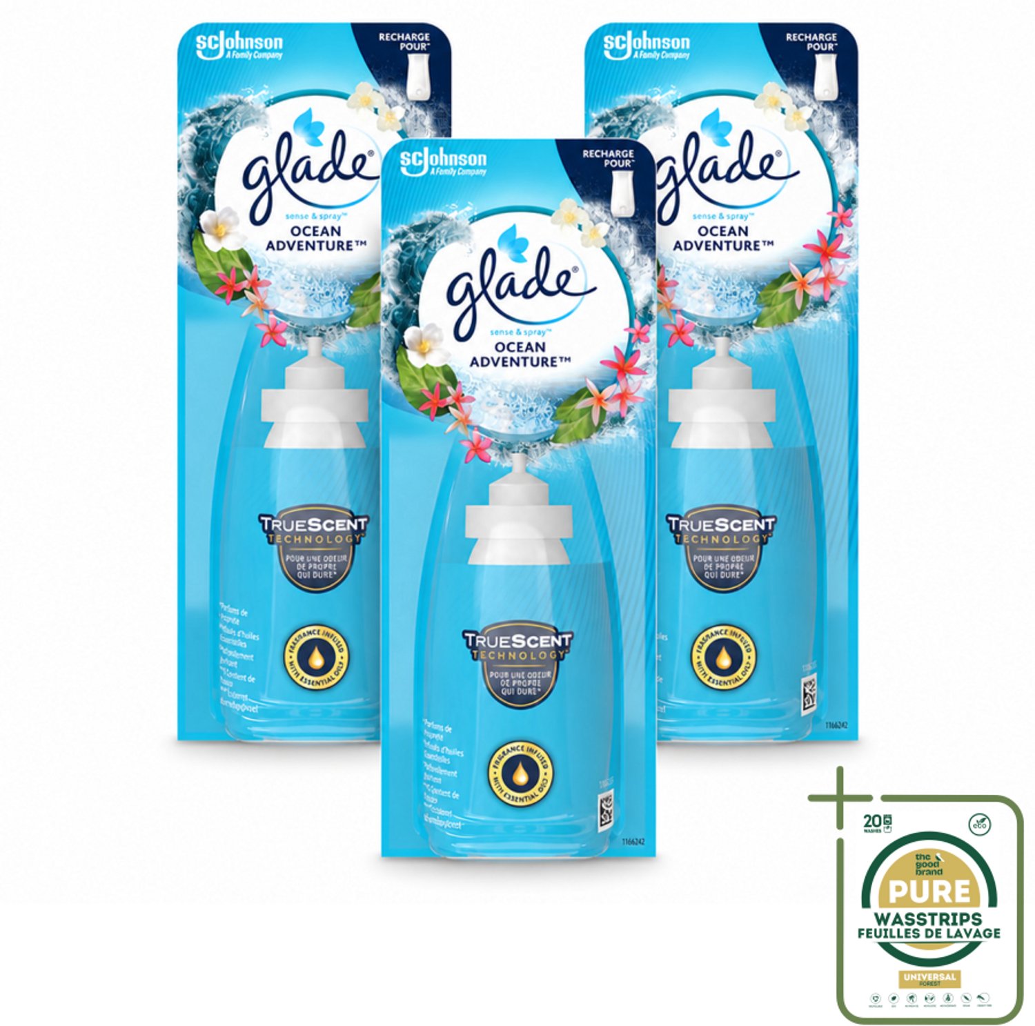 3 x Glade - Sense & Spray - Ocean Adventure - 18 ml - Wasstrips - Luchtverfrisser - Zeegeur - Citrusgeur - Bloemengeur - Automatische Geur