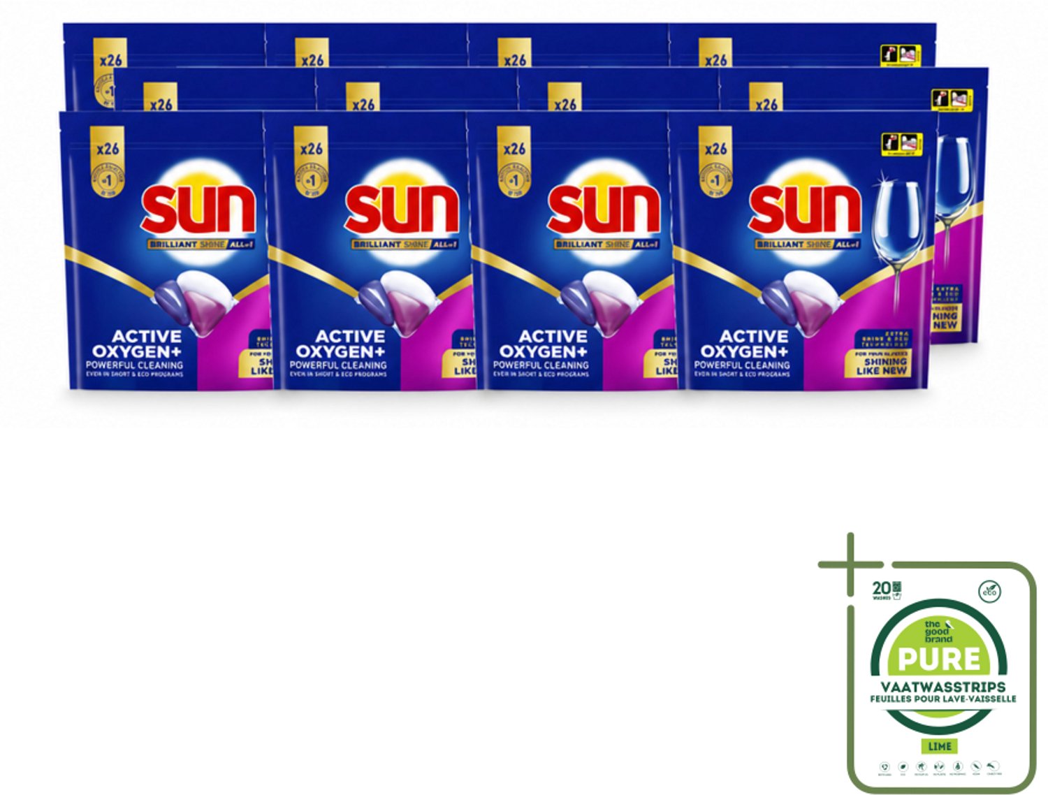 12 x Sun - Vaatwascapsules - Brilliant Shine All-in-1 - 26 capsules - Grootverpakking - Vaatwasstrips - Vaatwasmiddel - Vaatwascapsule - Glans - Reiniging - Anti-kalk