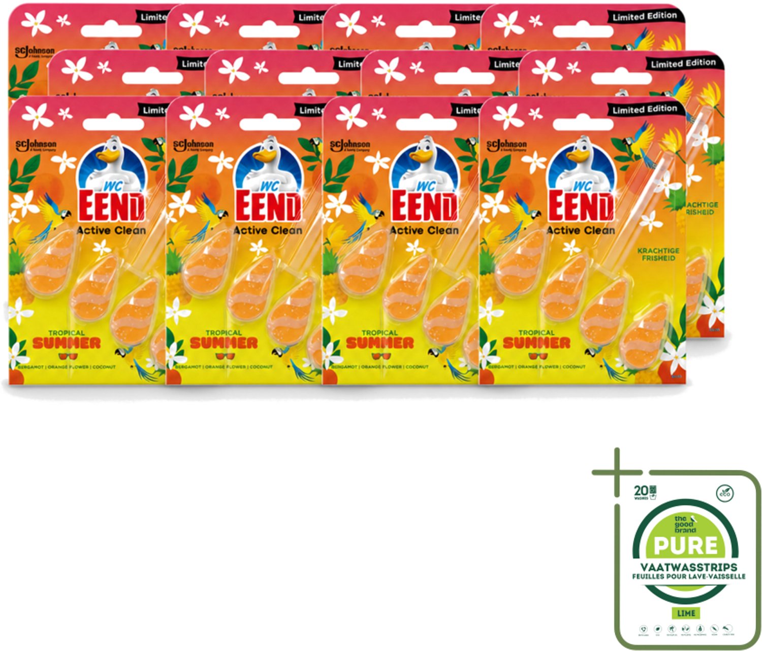12 x WC Eend - Active Clean Tropical Summer - Toiletblok - Zomerse Frisheid - 38 gr - Grootverpakking - Vaatwasstrips - WC Eend - Toiletblok - Tropische Geur - Actief Schuim - Toilet Reinigen