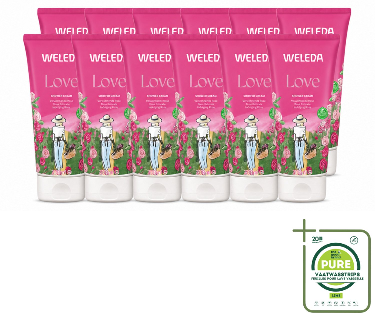 12 x WELEDA - Douchecrème Aroma Shower Love - 200 ml - Grootverpakking - Vaatwasstrips - Douchecrème - Aromatherapie - Liefdevolle Geur - Natuurlijke Verzorging - Wellness