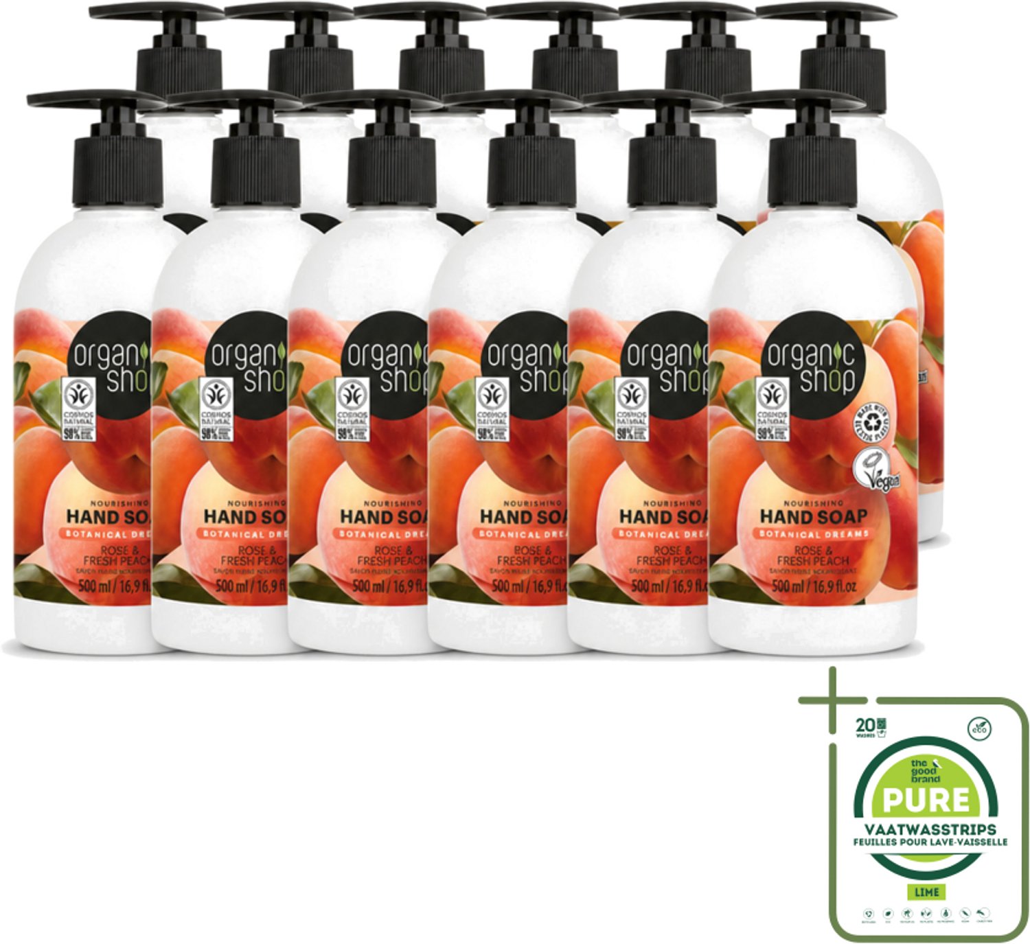12 x Organic Shop - Handzeep Rose & Peach - Verzorgend en Hydraterend - 500 ml - Grootverpakking - Vaatwasstrips - Handzeep - Natuurlijke Handverzorging - Handen Verzorgen - Handen Hydrateren - Handen Verzachten