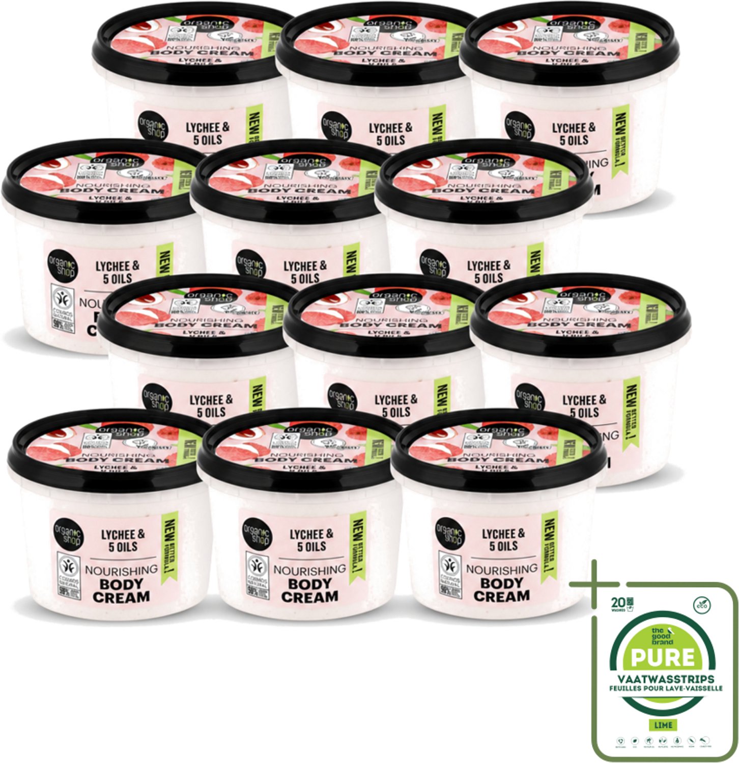 12 x Organic Shop - Nourishing Body Cream Lychee - Hydraterend en Voedend - 250 ml - Grootverpakking - Vaatwasstrips - Hydratatie - Voeding - Natuurlijke Crème - Lychee Crème - Huid Verzorging