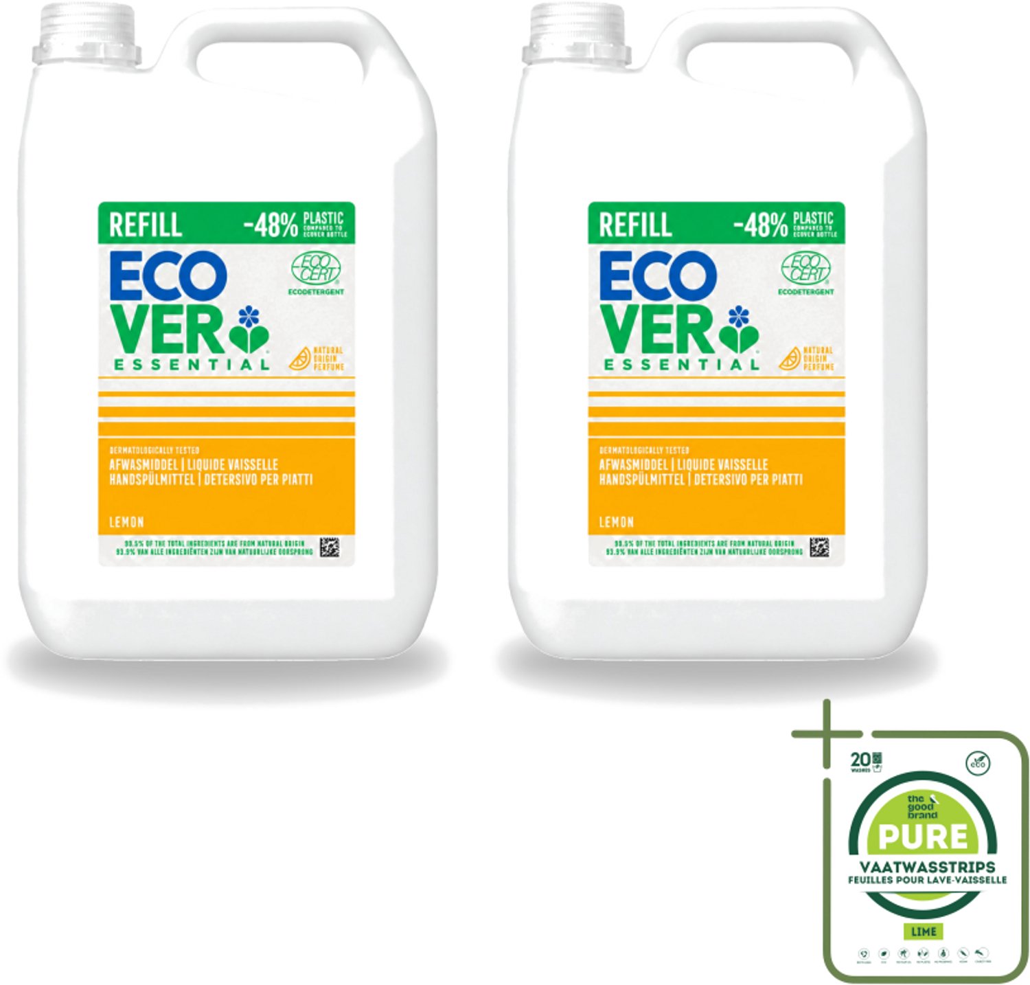 2 x Ecover - Afwasmiddel - Essential Citroen - 5 liter - Grootverpakking - Vaatwasstrips - Afwasmiddel Citroen - Natuurlijk Afwasmiddel - Plantaardig Afwasmiddel - Vet Afbreekend - Milieuvriendelijk Afwasmiddel
