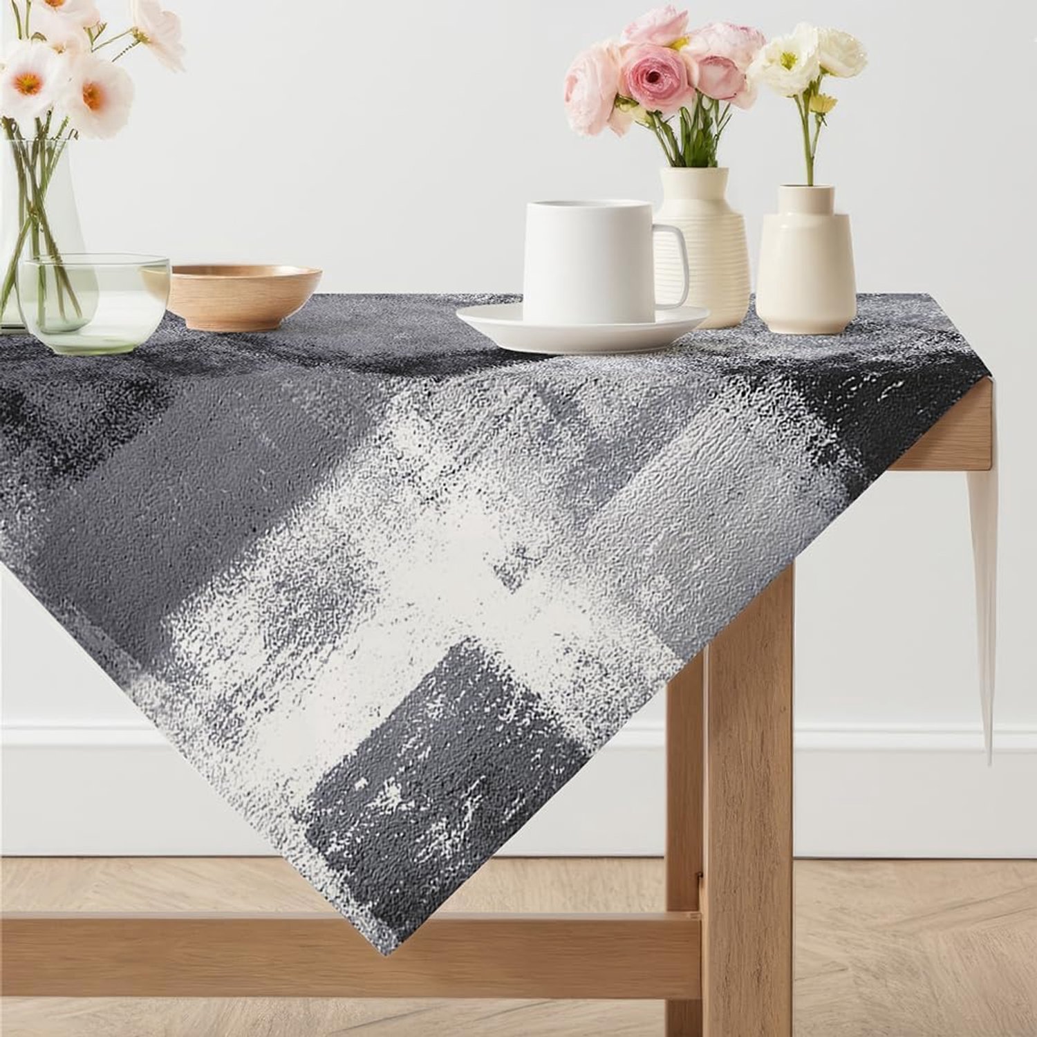 Vlekafstotend tafelkleed in linnenlook, vierkant, 85 x 85 cm, zwart, kleurrijk, moderne kunst, schilderijen, korte tafelkleden, wasbaar, voor feestjes, herfst, vakantie, verjaardag, tafeldecoratie