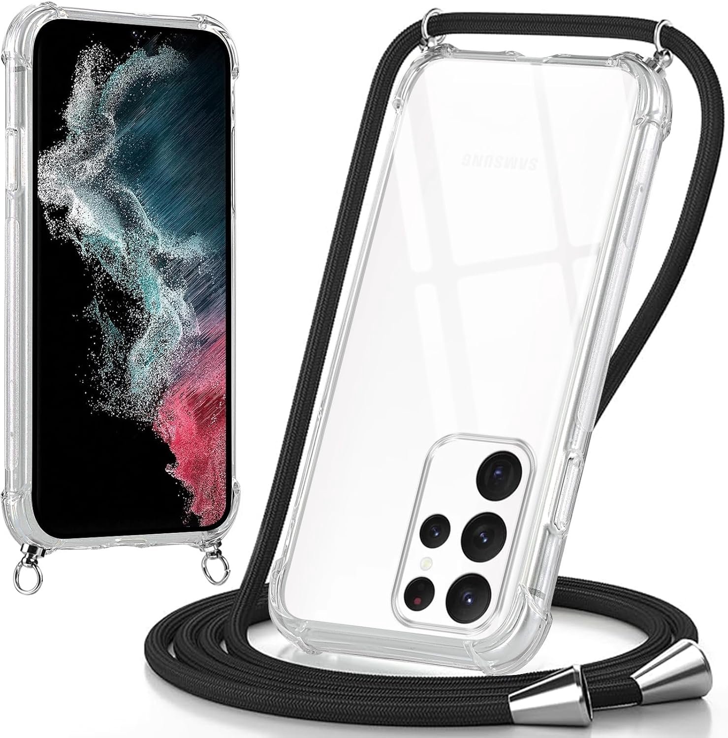 Beschermhoes voor Samsung Galaxy S22 Ultra met koord, transparante siliconen anti-vergeling hoes, verstelbaar nekkoord, schokbestendig telefoonhoesje, draagbaar, lanyard, zwart