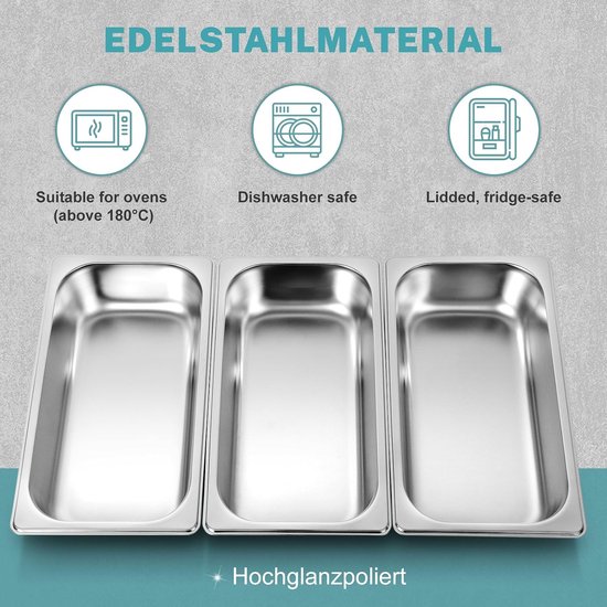 Gucass Paneerschalenset 3-delig met deksel van roestvrij staal GN 1/3 container 32,5 x 17,5 x 6,5 cm - rechthoekige metalen gastronomische containers - ideaal voor schnitzels, vlees, vis — afbeelding 2