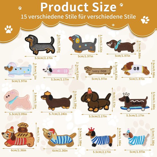 15 stuks opstrijkbare patches teckel, patch om op te strijken, opplakken | of naaien, schattige geborduurde strijkpatches voor textiel, teckelstickers voor jeans, kleding, hoed, rugzak, canvas — afbeelding 4